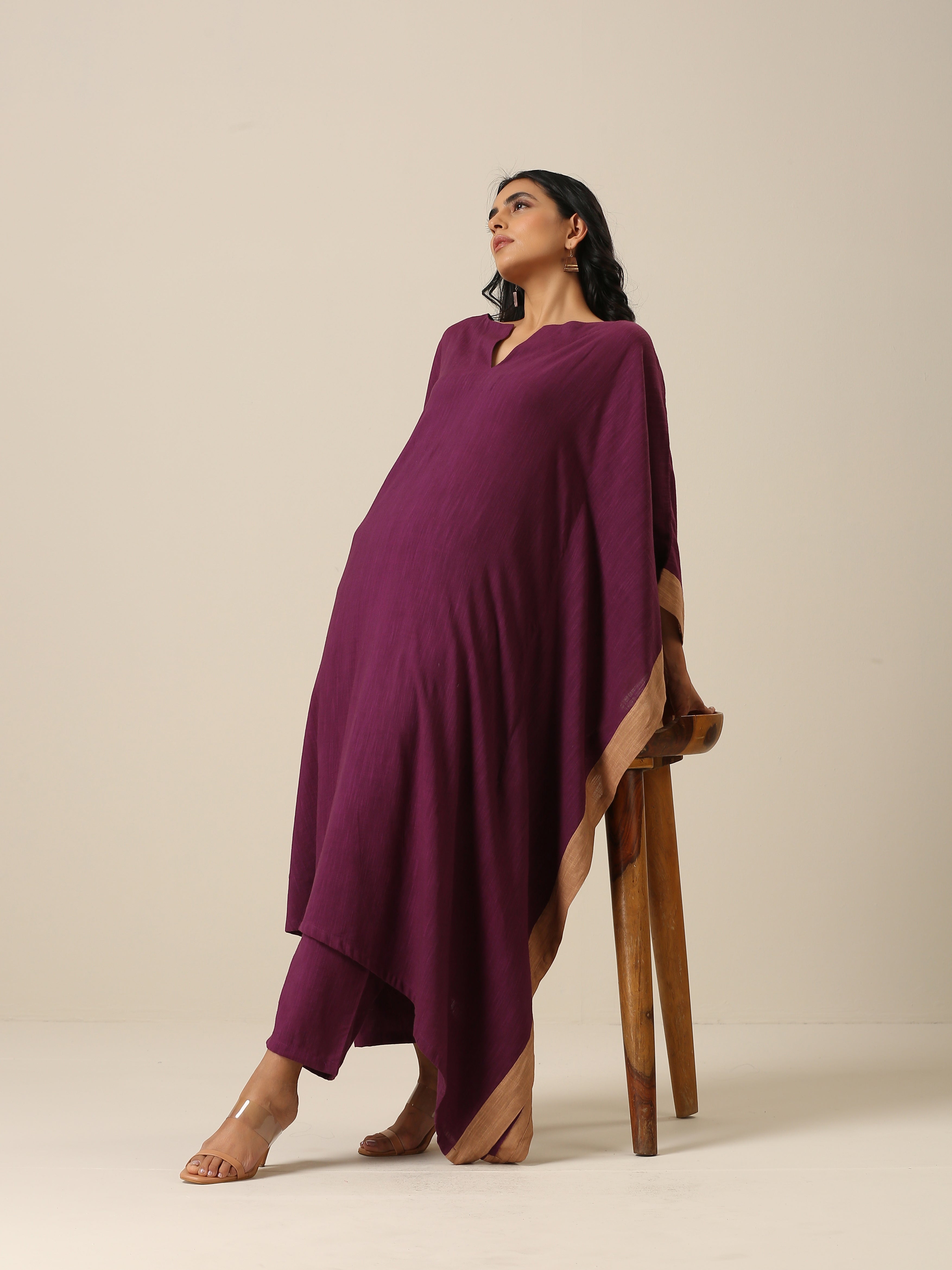 Women's Plum Purple Slub Texture High Low Kaftan Pant Set