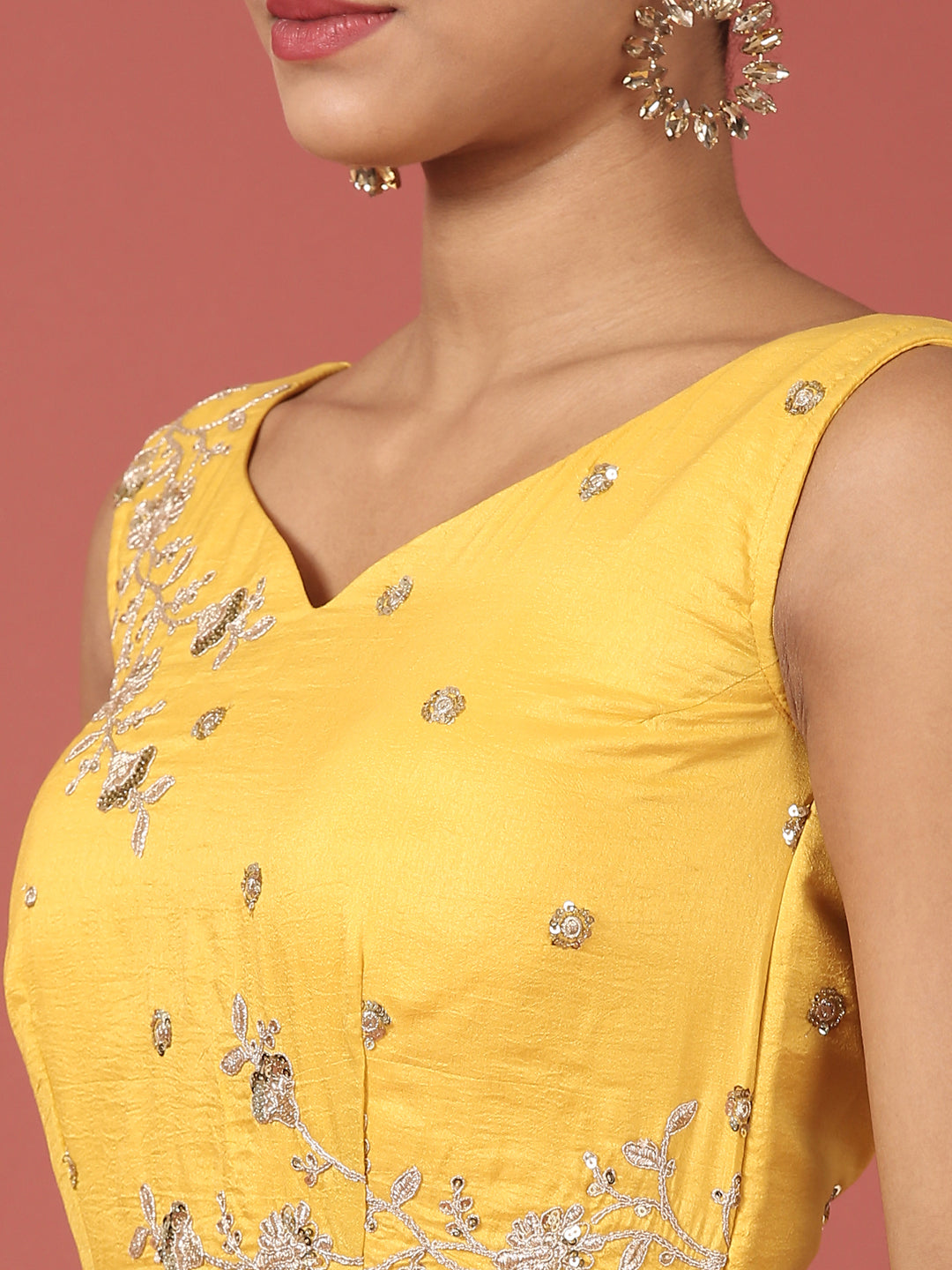 Women's Mustard Net Sequinse Work Fully-Stitched Lehenga & Stitched Blouse, Dupatta - Royal Dwells