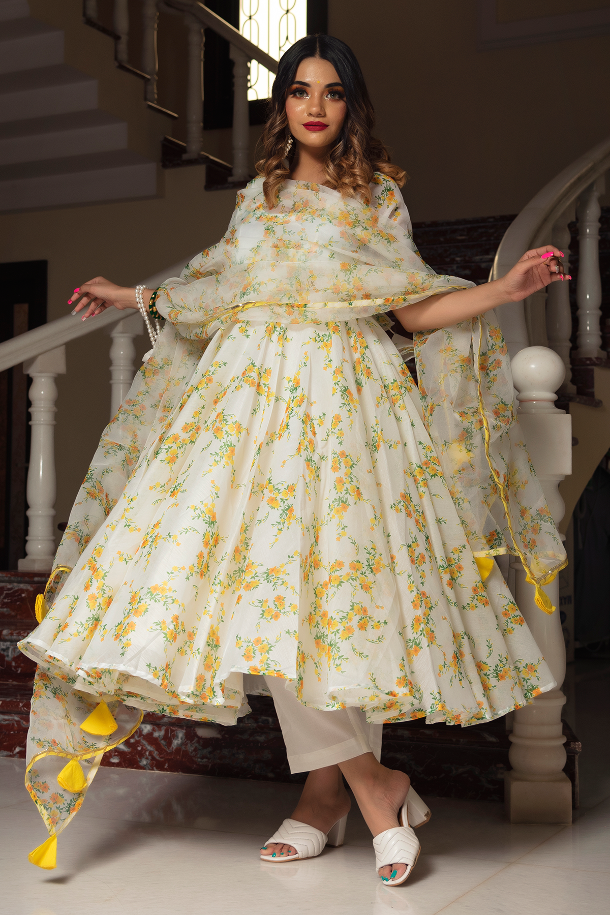 Women's Yellow Floral Organza suit set with Pants & Dupatta by Pomcha Jaipur- (3pcs set)