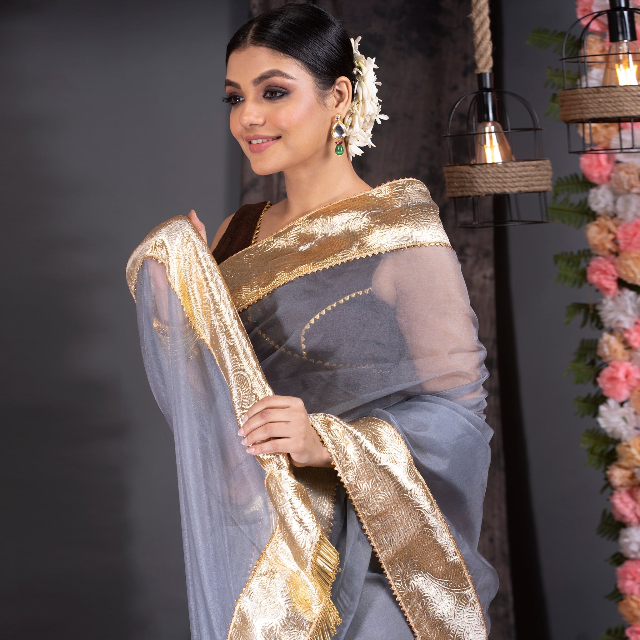 Women's Steel Grey Organza Saree With Gold Gota Border And  Fringe Lace - Boveee
