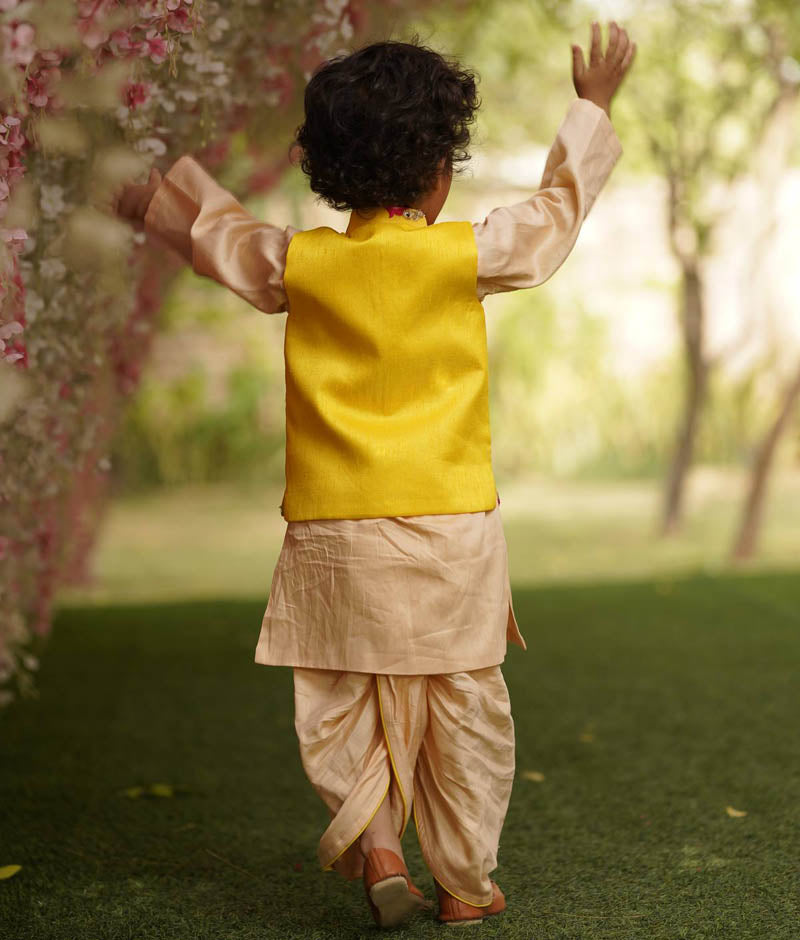 Boy's Yellow Gotta Embroidery Jacket With Kurta And Dhoti - Fayon Kids
