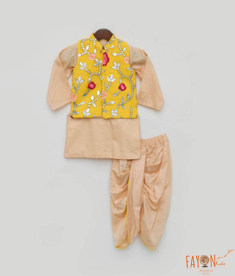 Boy's Yellow Gotta Embroidery Jacket With Kurta And Dhoti - Fayon Kids