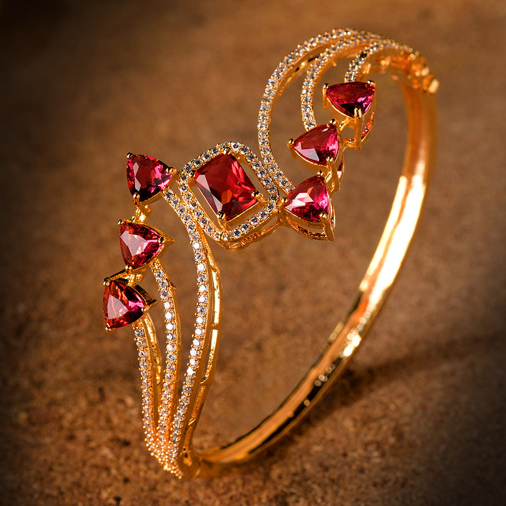Gold Plated With Red American Diamond Studded Handcrafted Stylish Bracelet For Women And Girls - Saraf Rs Jewellery
