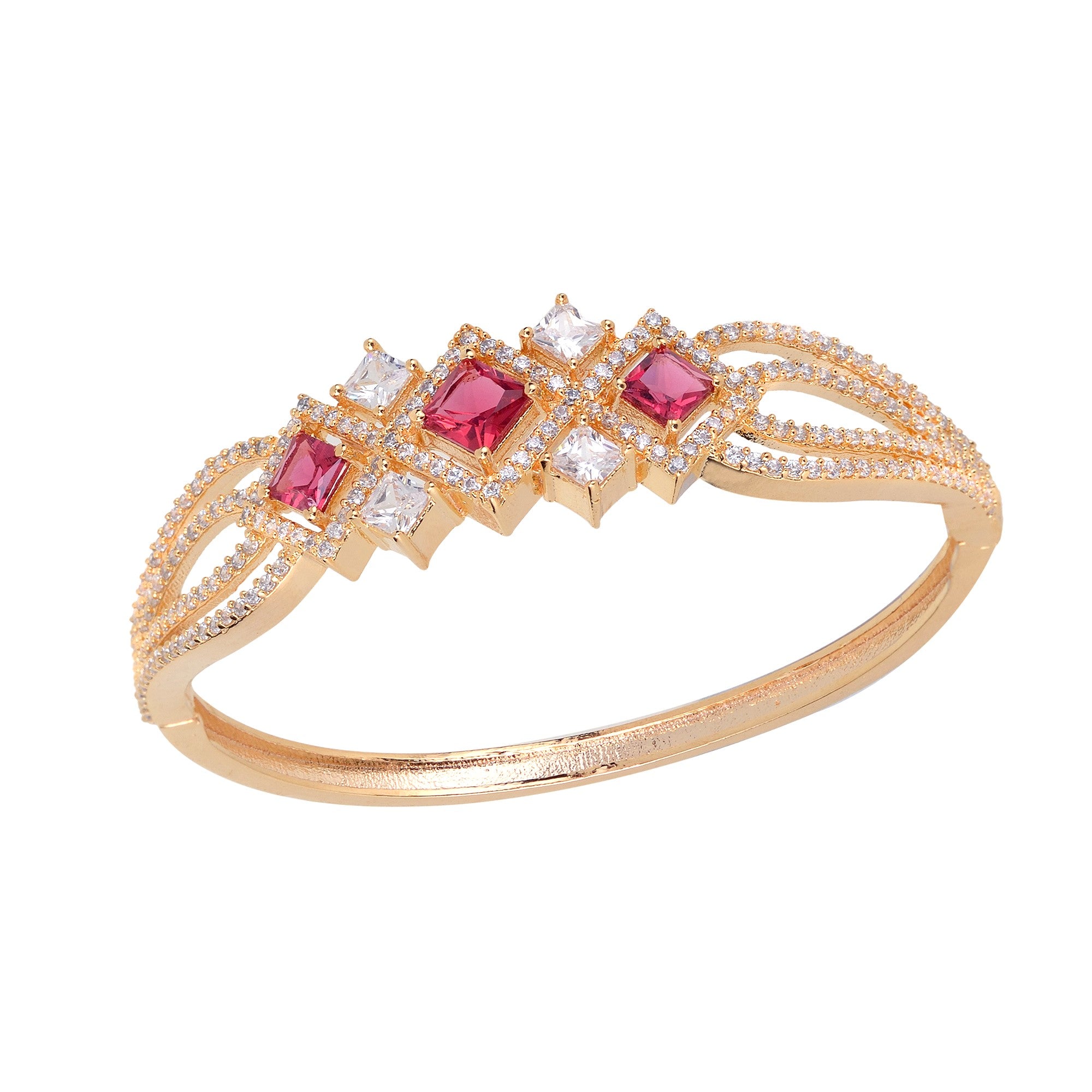 Gold Plated With Ruby American Diamond Studded Handcrafted Stylish Bracelet For Women And Girls - Saraf Rs Jewellery