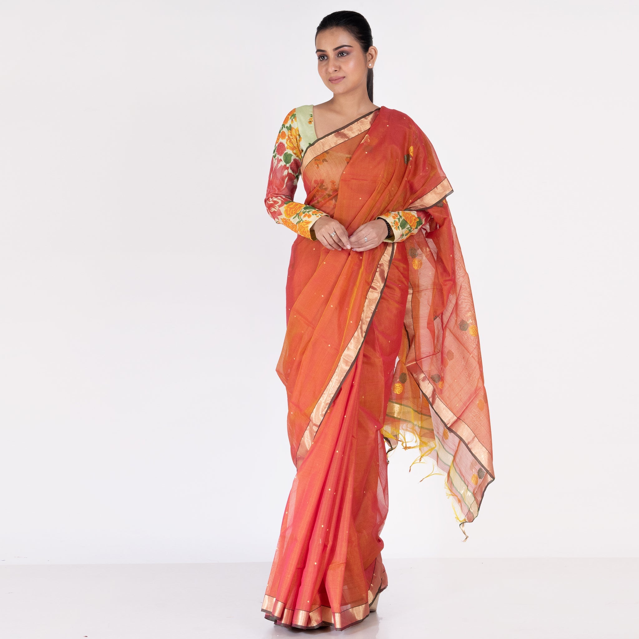 Women's Rust Pure Chanderi Silk Saree With Floral Motifs And Border Pallu - Boveee