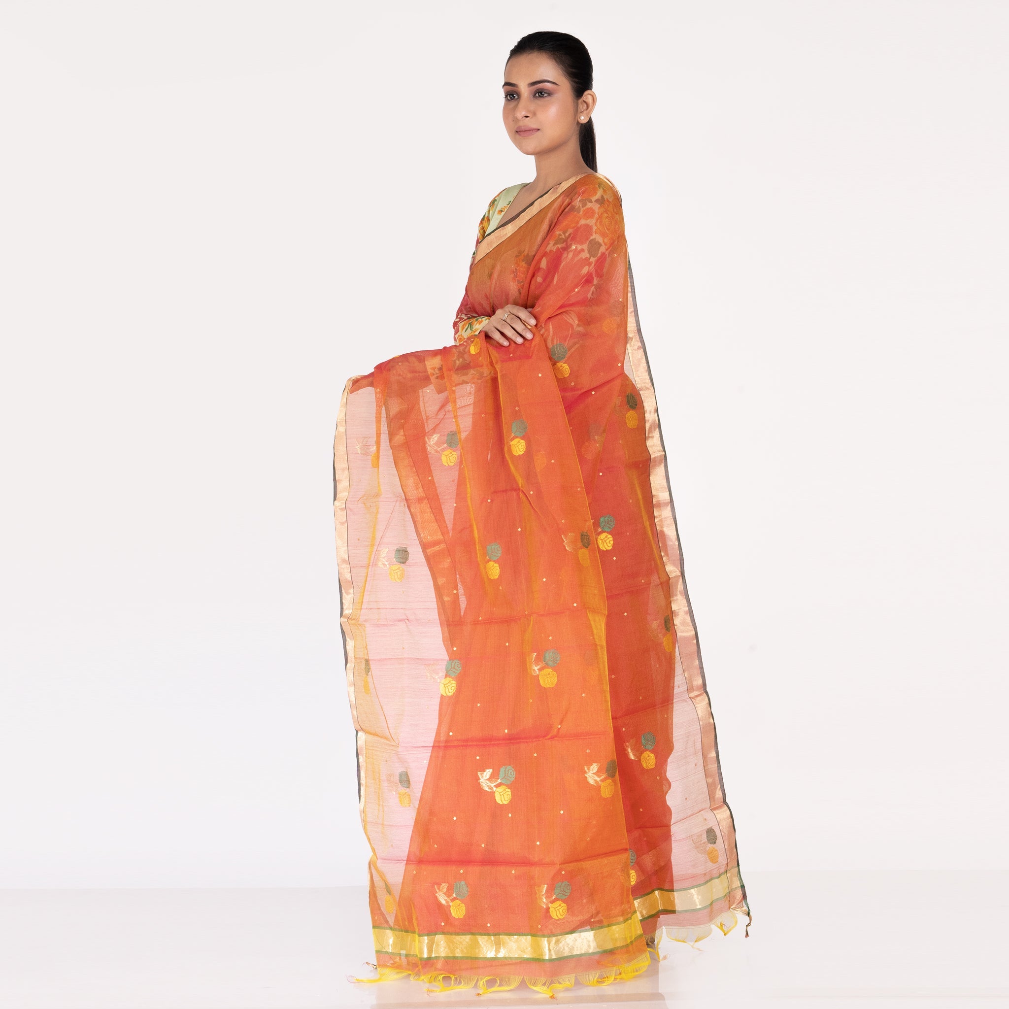 Women's Rust Pure Chanderi Silk Saree With Floral Motifs And Border Pallu - Boveee