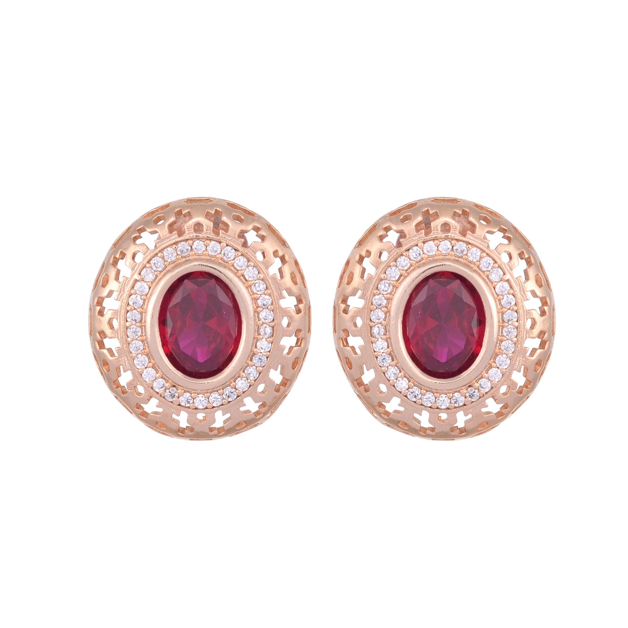 Royal Ruby Studs Rose Gold Plated Ad Handcrafted Tops Red Small Earrings for Women and Girls - Saraf RS Jewellery