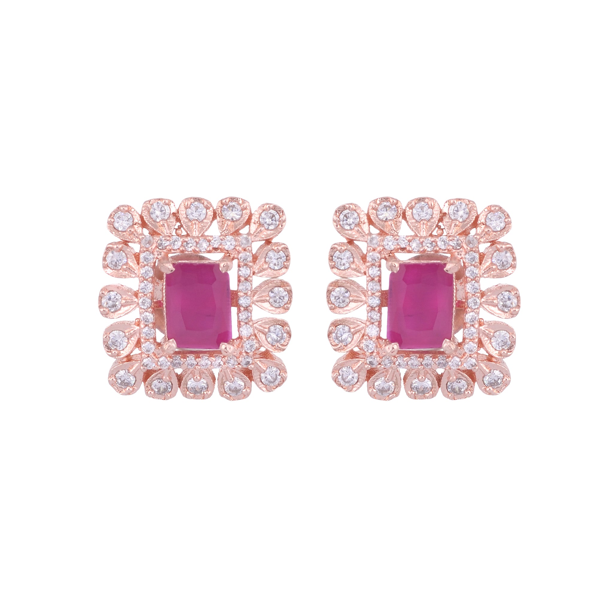Modern Square Shaped Pink Tops Rose Gold Plated Studs Ad Studded Small Earrings for Women and Girls - Saraf RS Jewellery