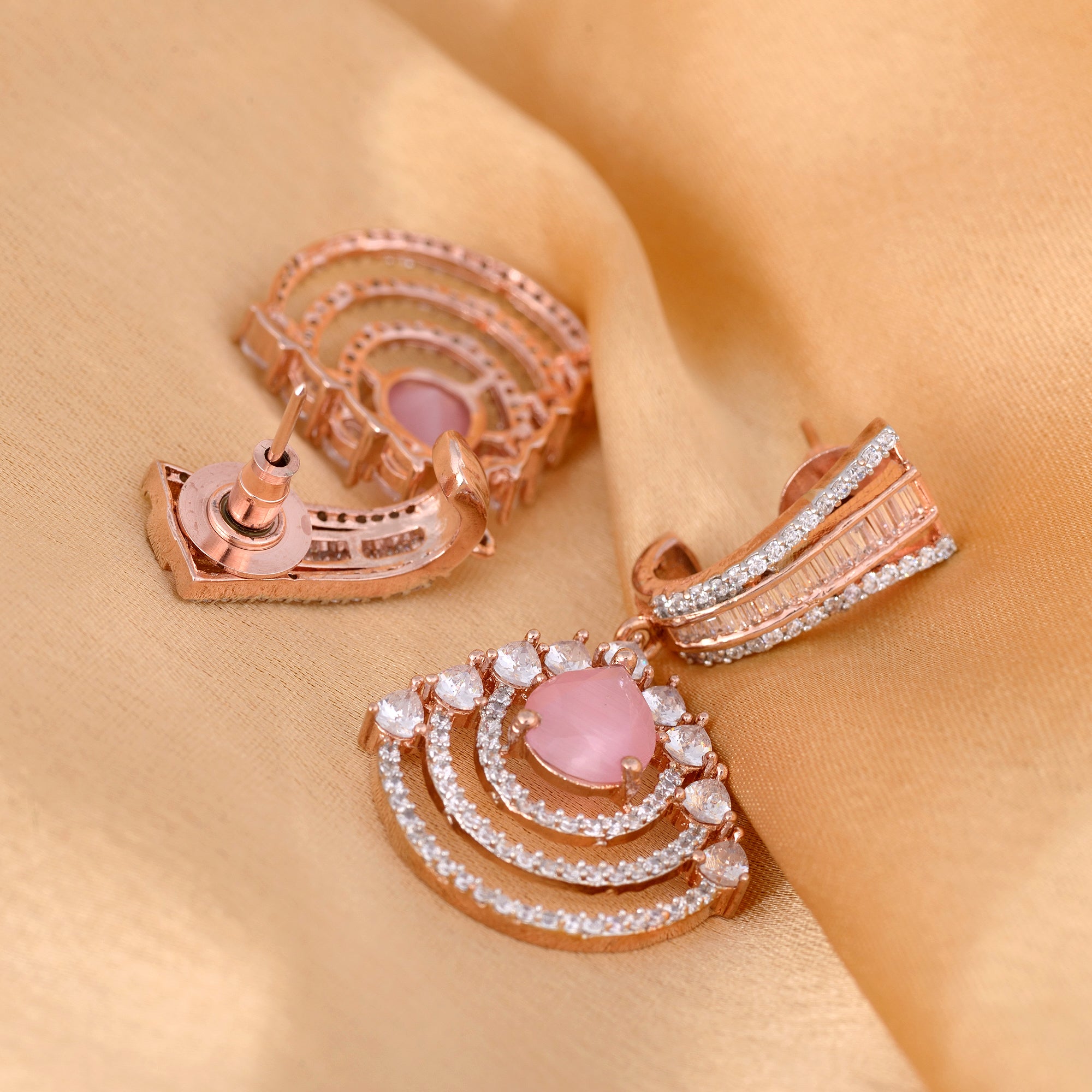 Modern Rose Quartz Danglers Pastel Pink Drop Earrings Ad Studded Rose Gold Plated for Women and Girls - Saraf RS Jewellery