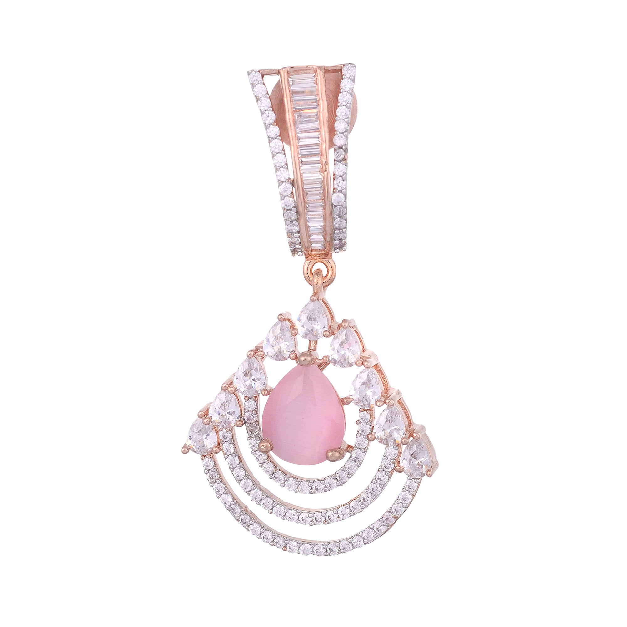 Modern Rose Quartz Danglers Pastel Pink Drop Earrings Ad Studded Rose Gold Plated for Women and Girls - Saraf RS Jewellery