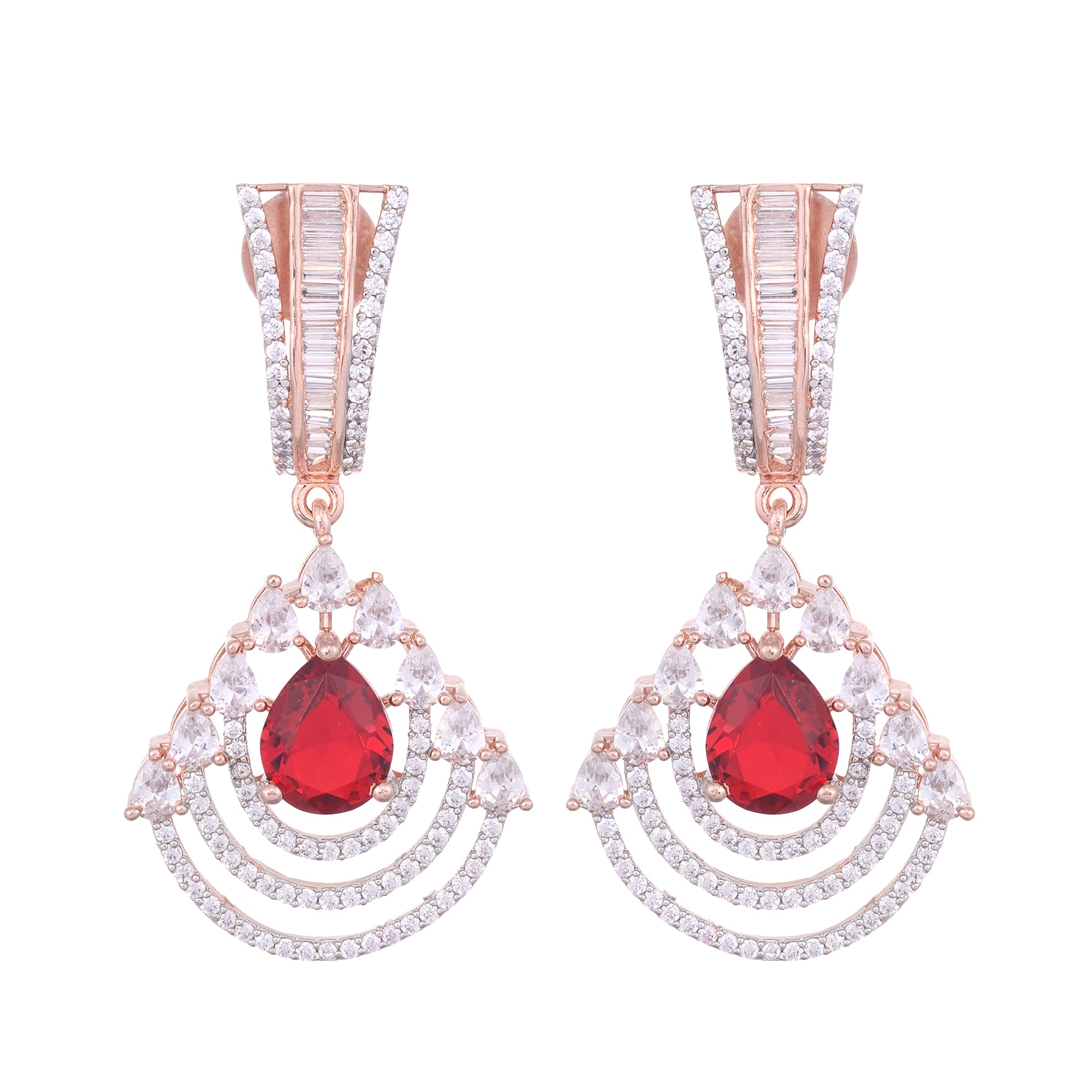 Modern Ruby Danglers Red Drop Earrings Ad Studded Rose Gold Plated for Women and Girls - Saraf RS Jewellery