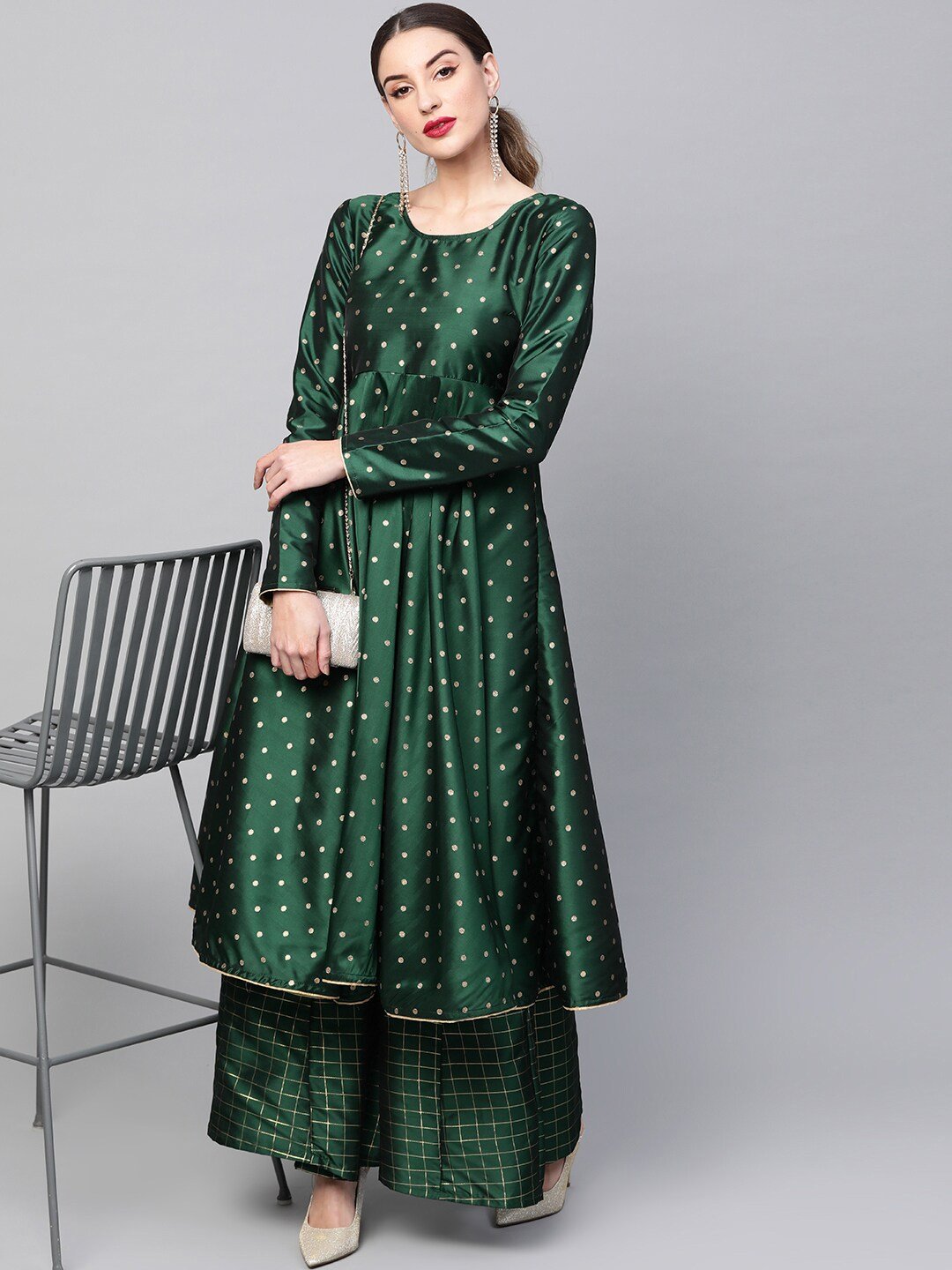 Women's  Green & Golden Woven Design Anarkali Kurta - AKS