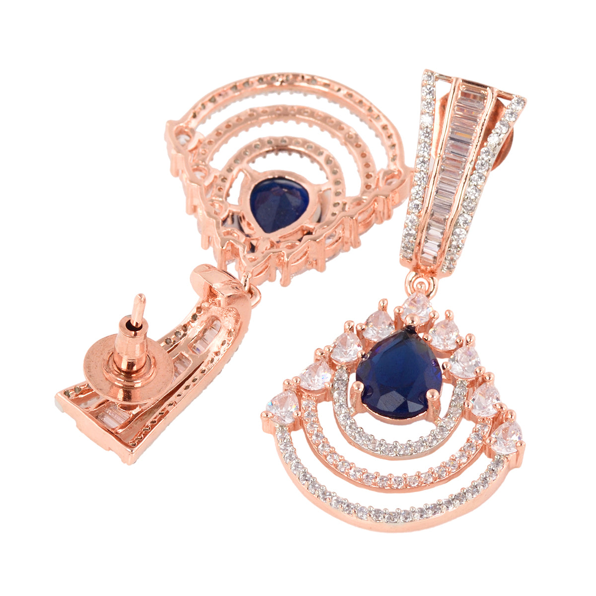Modern Sapphire Danglers Blue Drop Earrings Ad Studded Rose Gold Plated for Women and Girls - Saraf RS Jewellery