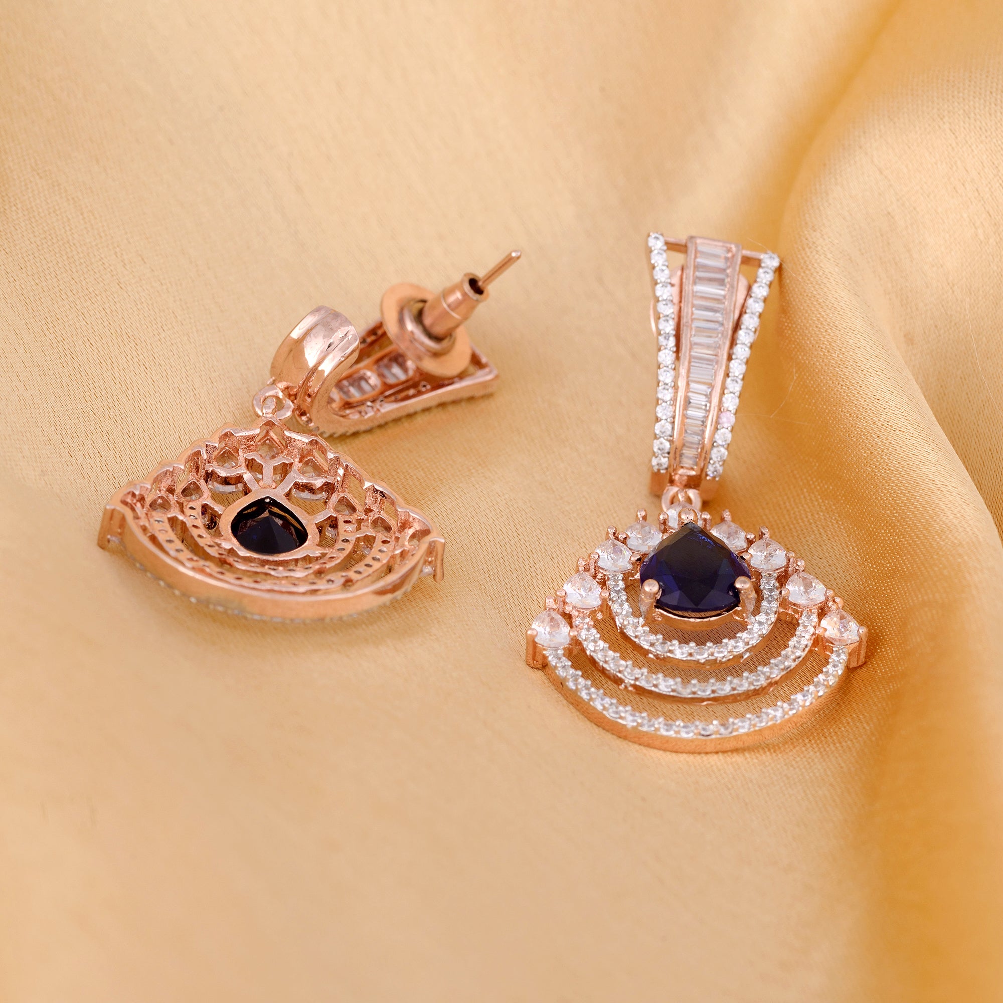 Modern Sapphire Danglers Blue Drop Earrings Ad Studded Rose Gold Plated for Women and Girls - Saraf RS Jewellery