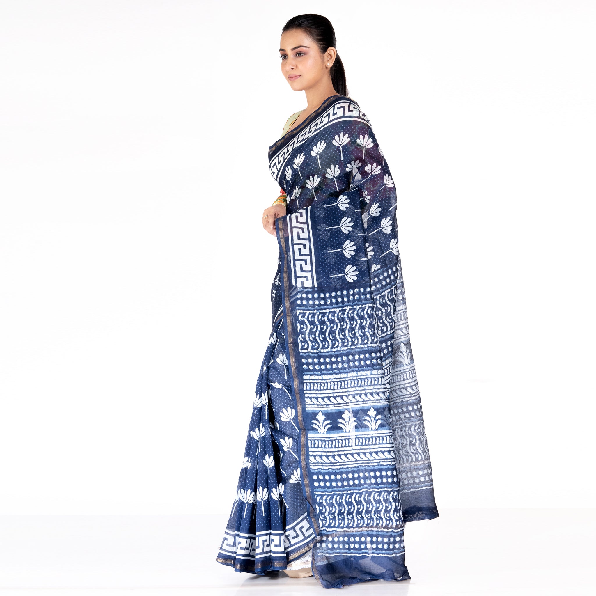 Women's Indigo Cotton Silk Chanderi Saree With Lilly Print - Boveee