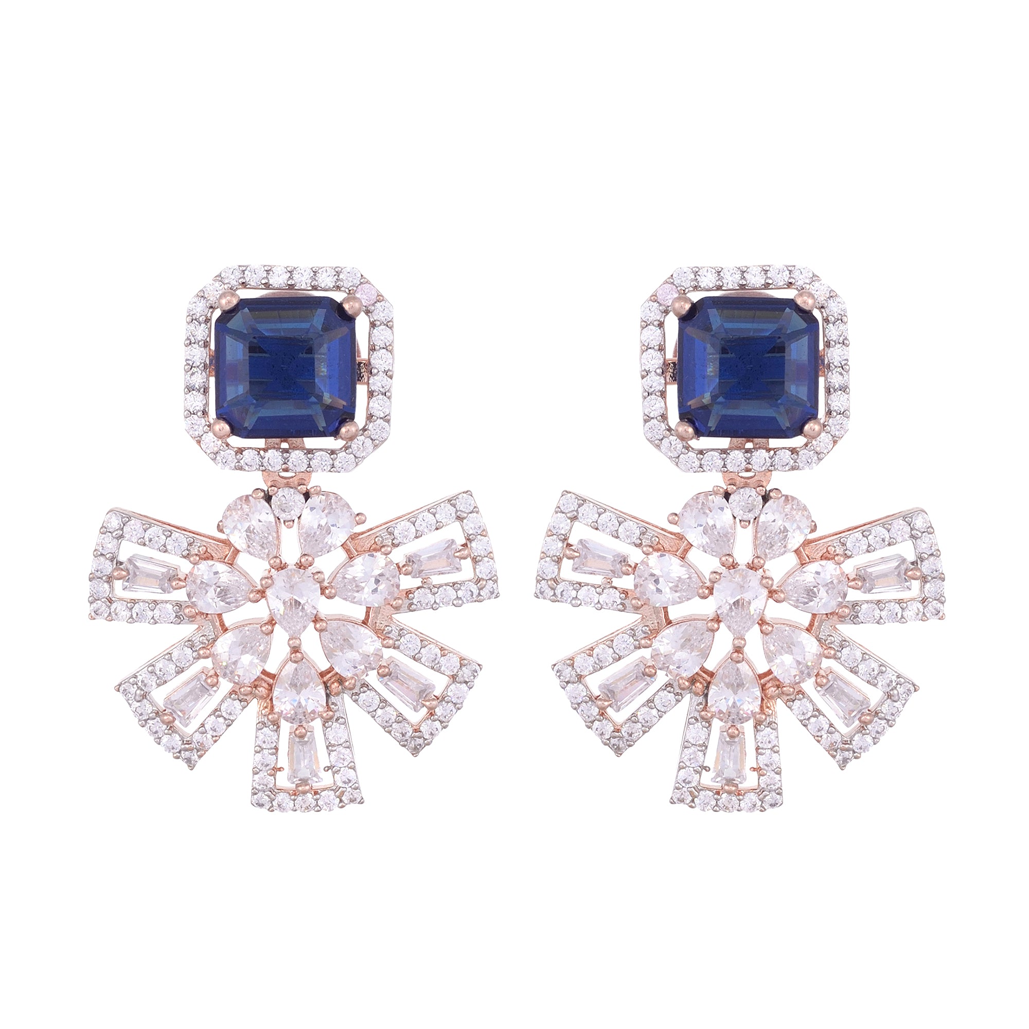 Exquisite Sapphire Floral Design Blue Earrings Rose Gold Plated American Diamond Studded for Women and Girls - Saraf RS Jewellery