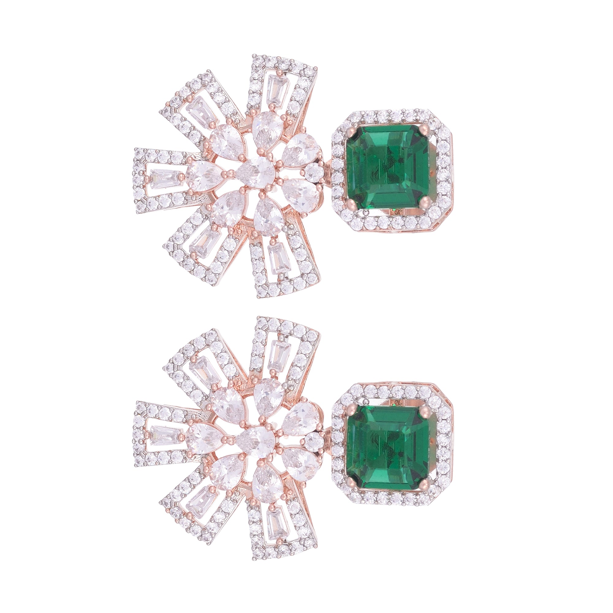 Exquisite Emerald Floral Design Green Earrings Rose Gold Plated American Diamond Studded for Women and Girls - Saraf RS Jewellery
