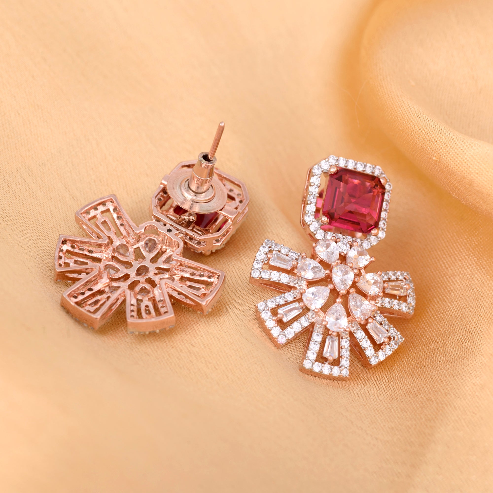 Exquisite Ruby Floral Design Red Earrings Rose Gold Plated American Diamond Studded for Women and Girls - Saraf RS Jewellery