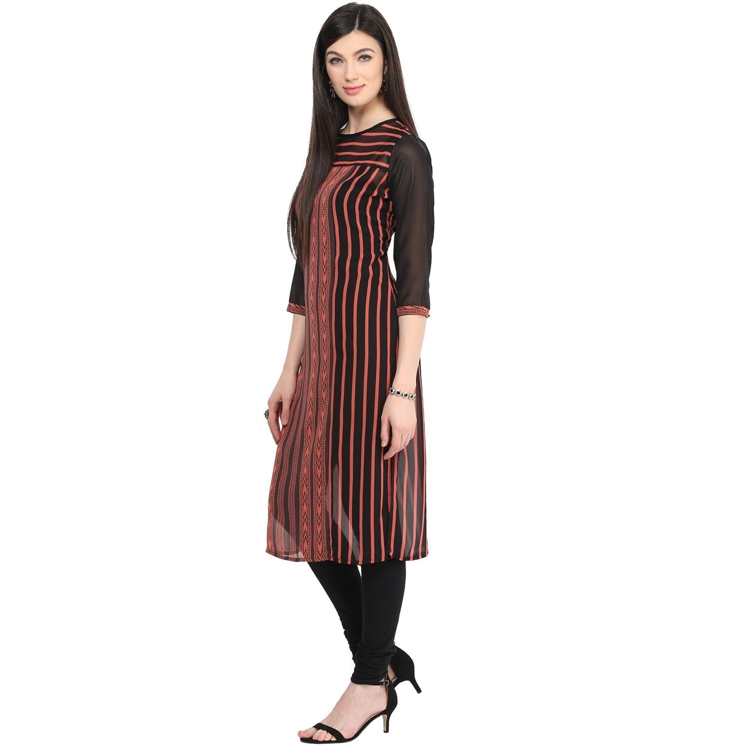 Women's Print & Stripe Mix Kurti - Pannkh