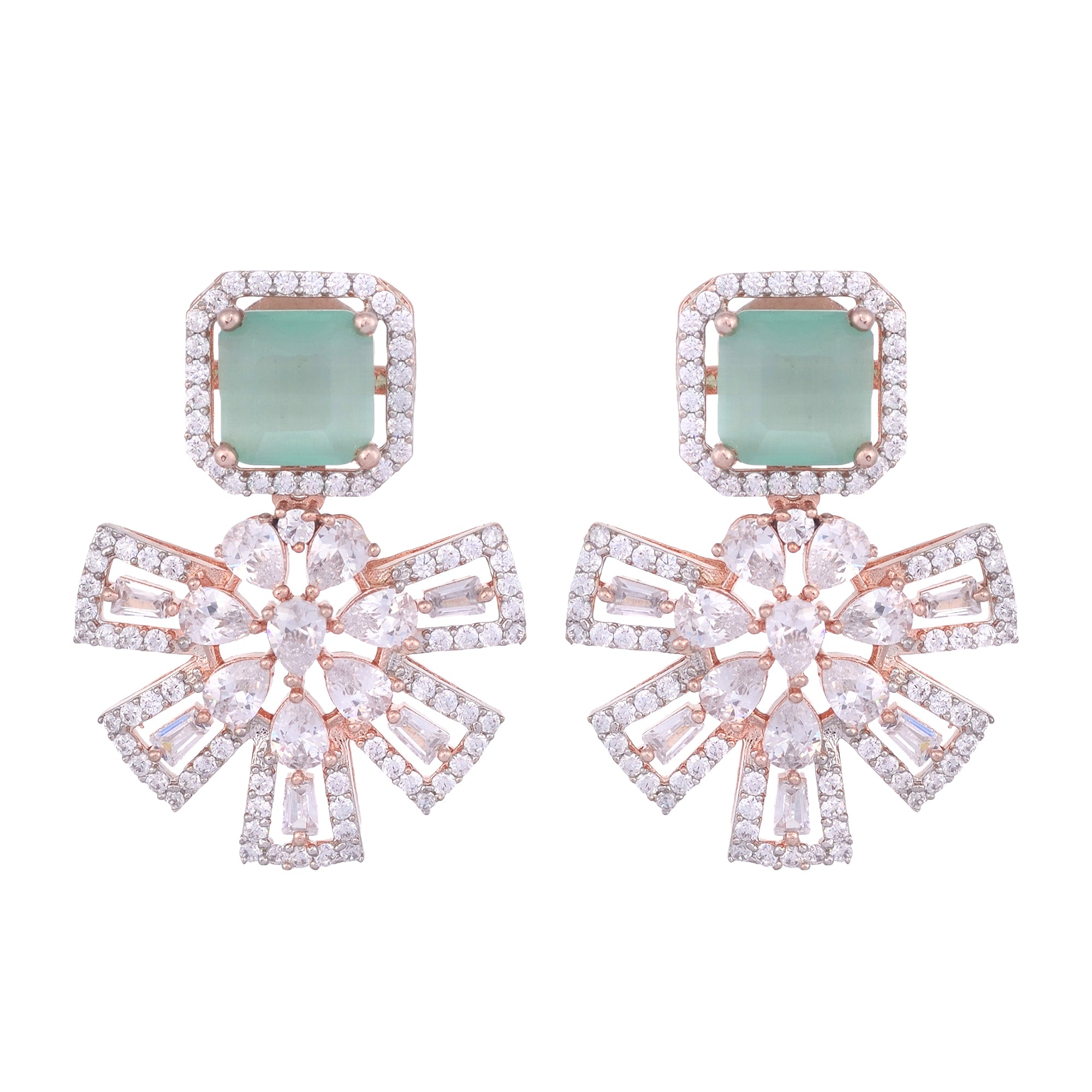 Exquisite Turquoise Floral Design Pastel Blue Earrings Rose Gold Plated American Diamond Studded for Women and Girls - Saraf RS Jewellery