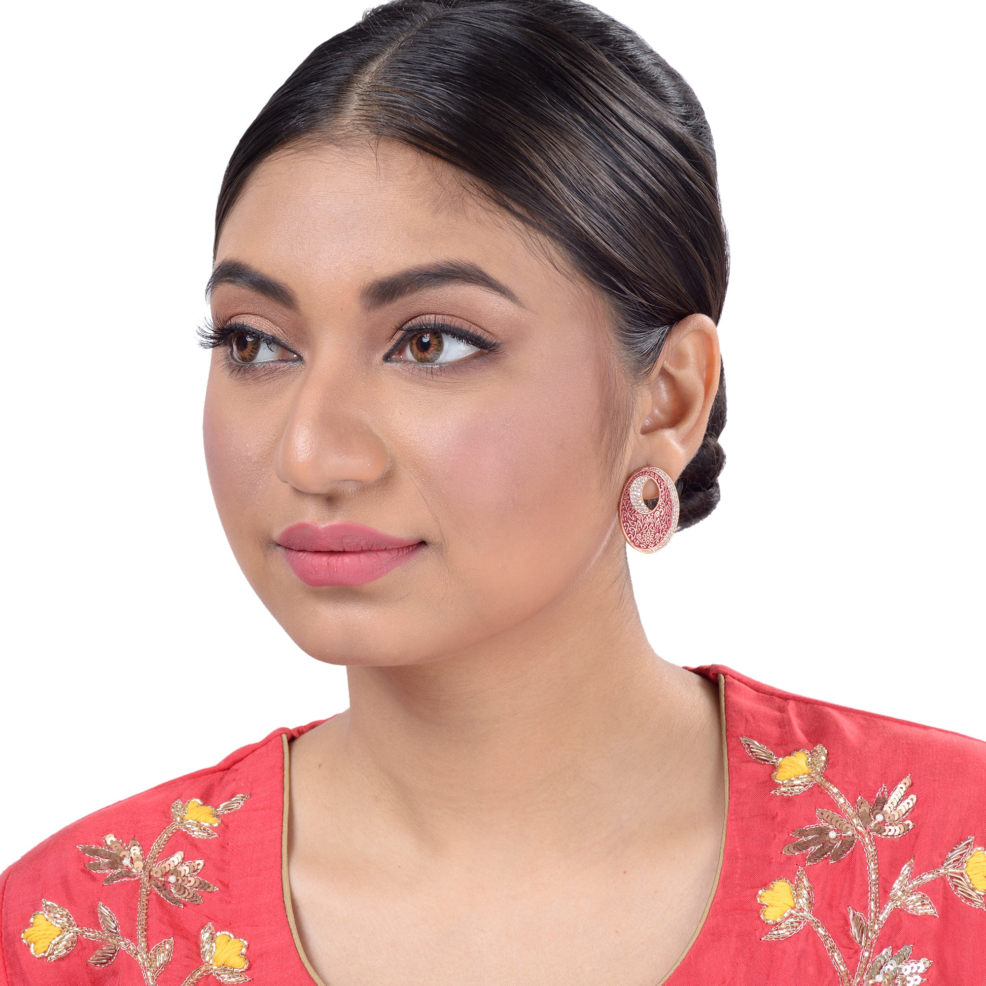 Oval Red Meenakari Small Earrings High Quality Enamelled Rose Gold Plated for Women and Girls - Saraf RS Jewellery