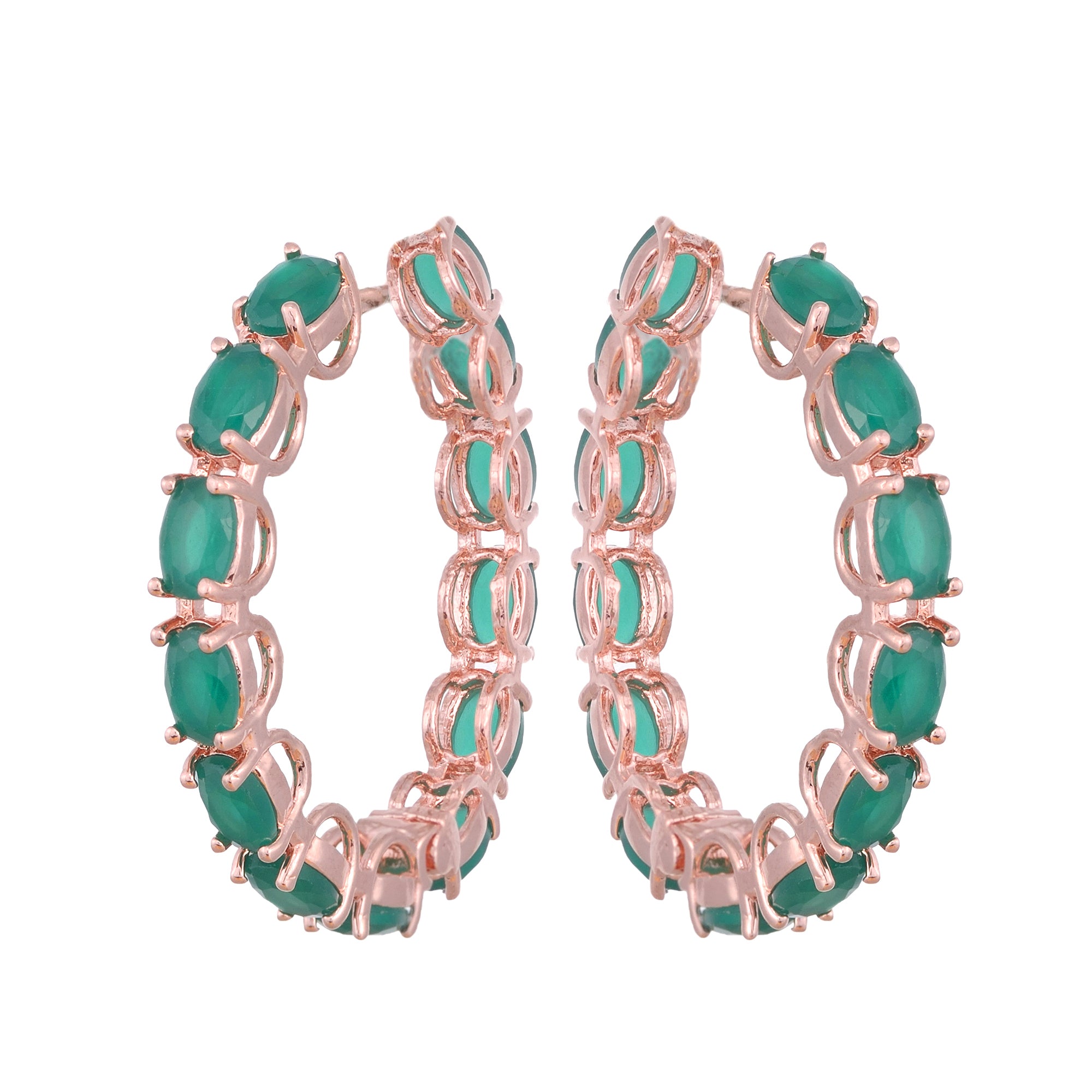 Emerald Studded Hoops Rose Gold Plated Green Round Big Earrings for Women and Girls - Saraf RS Jewellery