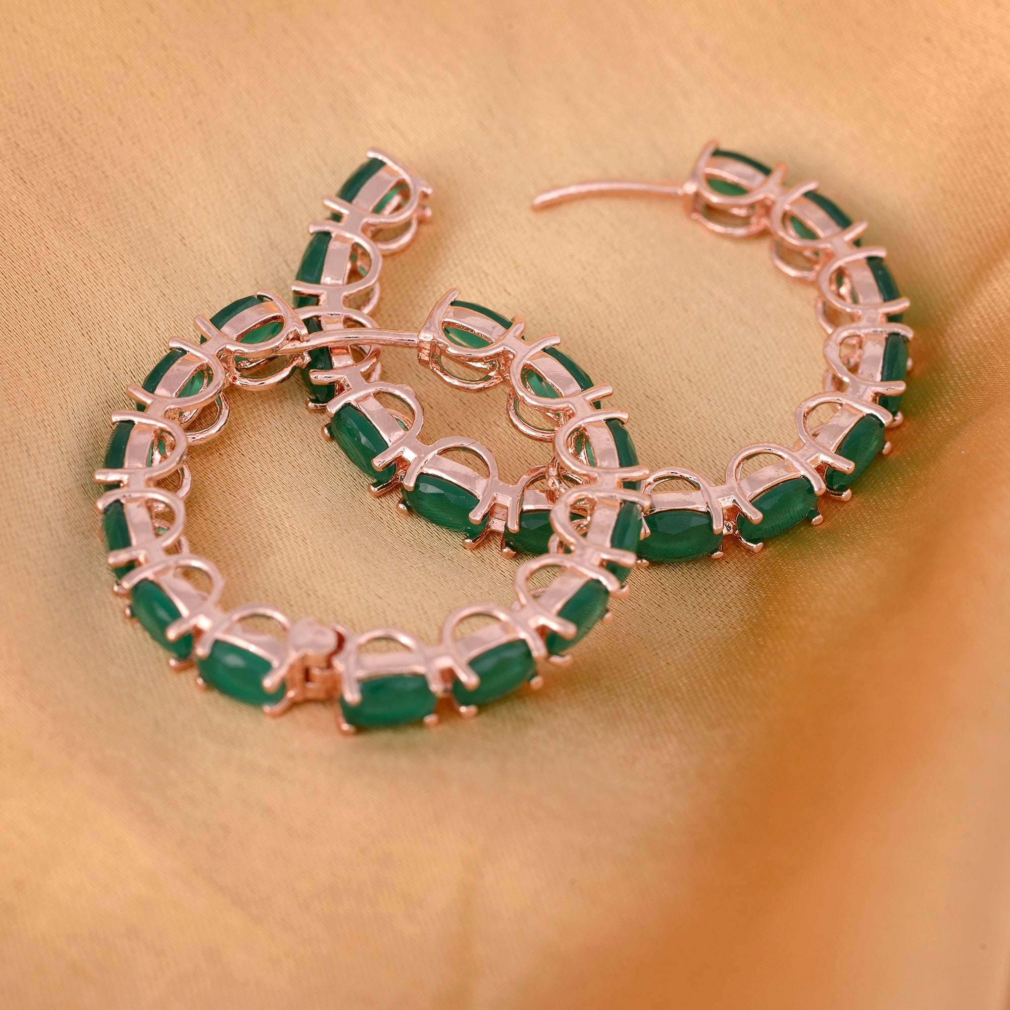 Emerald Studded Hoops Rose Gold Plated Green Round Big Earrings for Women and Girls - Saraf RS Jewellery