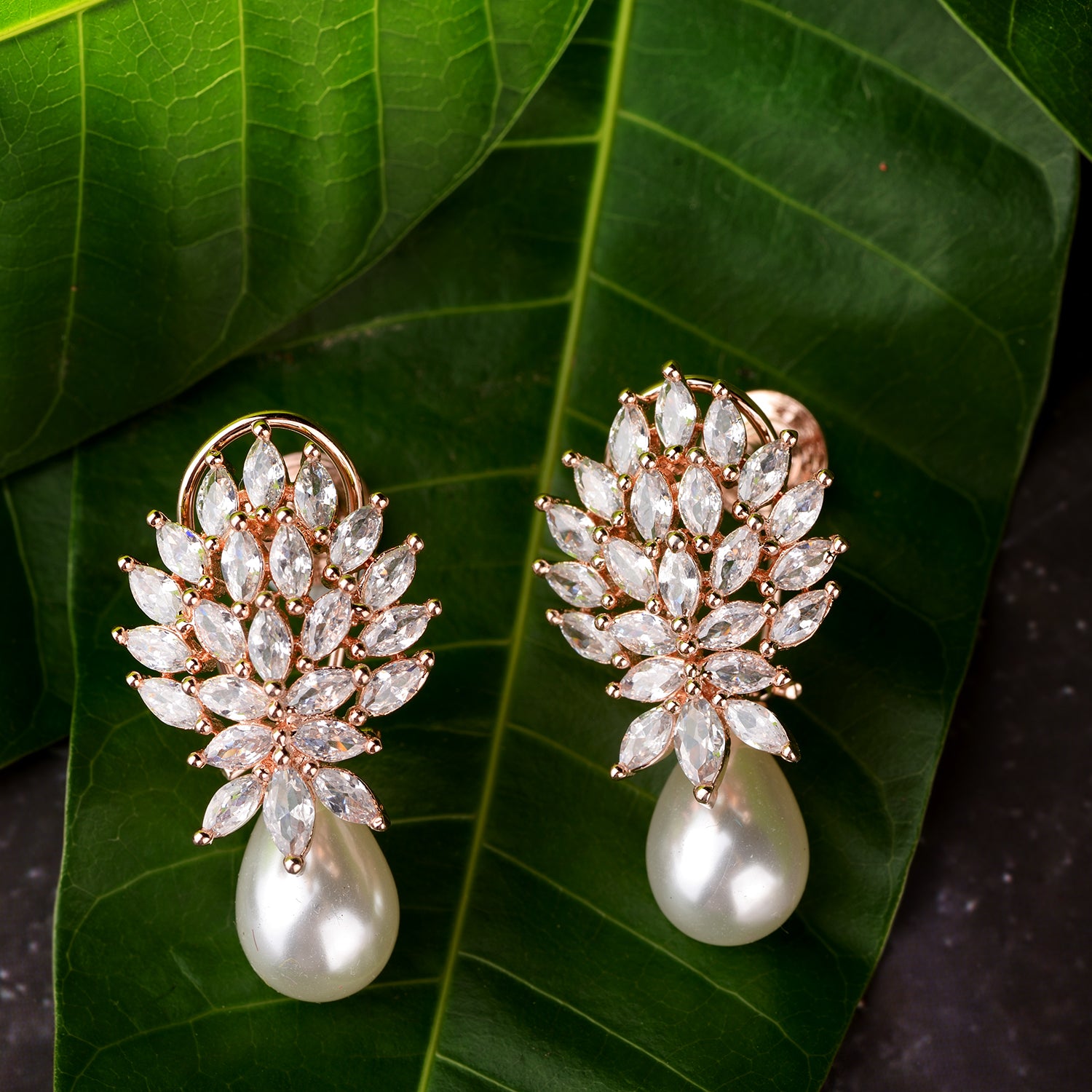 Luxurious Diamond Pearl Drop Earrings High Quality White Pearl Ad Studded for Women and Girls - Saraf RS Jewellery