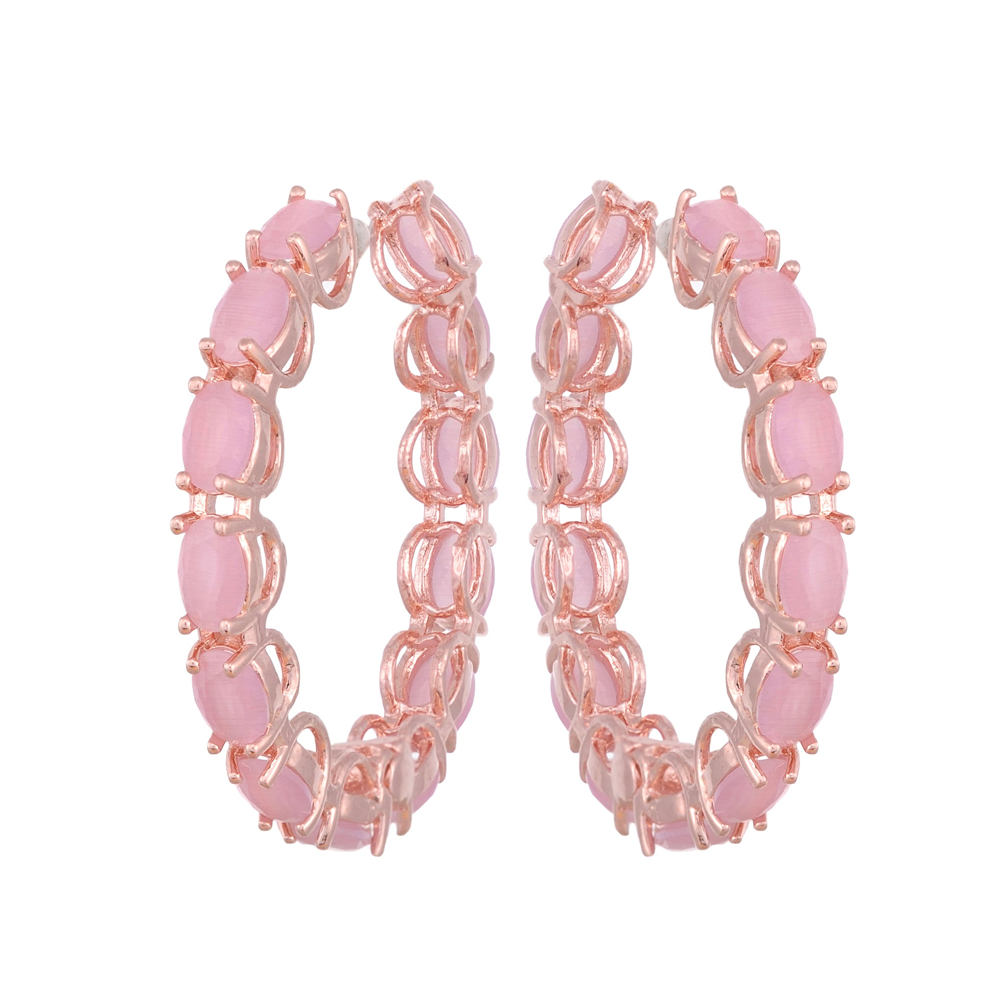 Rose Quartz Studded Hoops Rose Gold Plated Pastel Baby Pink Round Big Earrings for Women and Girls - Saraf RS Jewellery