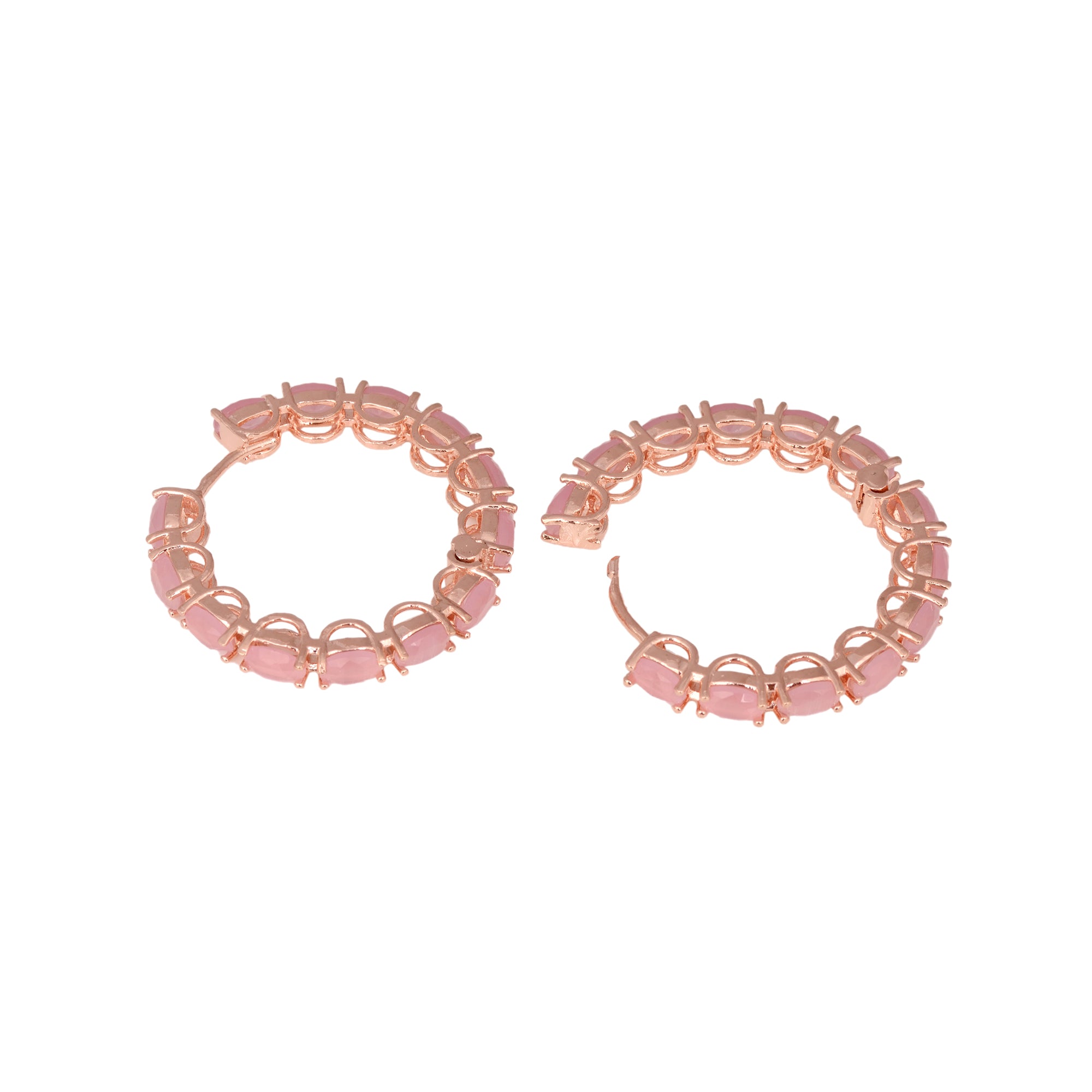 Rose Quartz Studded Hoops Rose Gold Plated Pastel Baby Pink Round Big Earrings for Women and Girls - Saraf RS Jewellery
