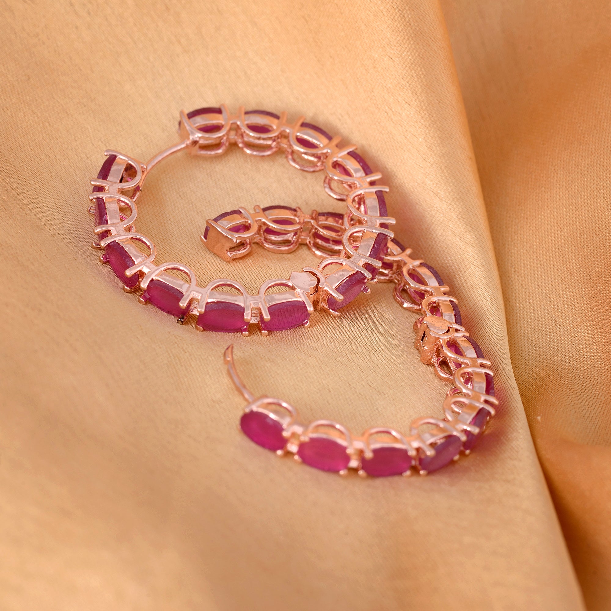 Magenta Studded Hoops Rose Gold Plated Pink Round Big Earrings for Women and Girls - Saraf RS Jewellery