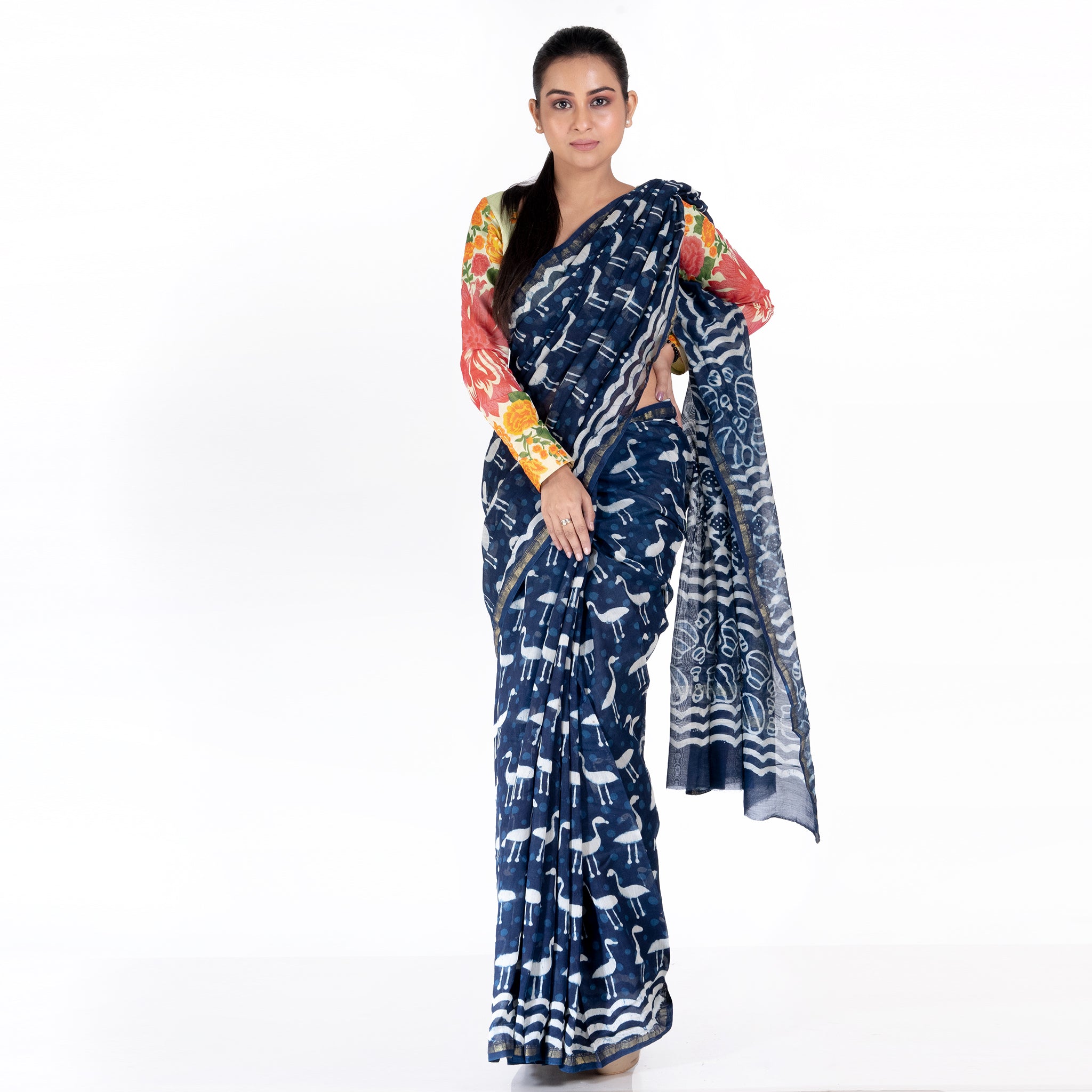Women's Indigo Cotton Silk Chanderi Saree With Flamingo Print - Boveee