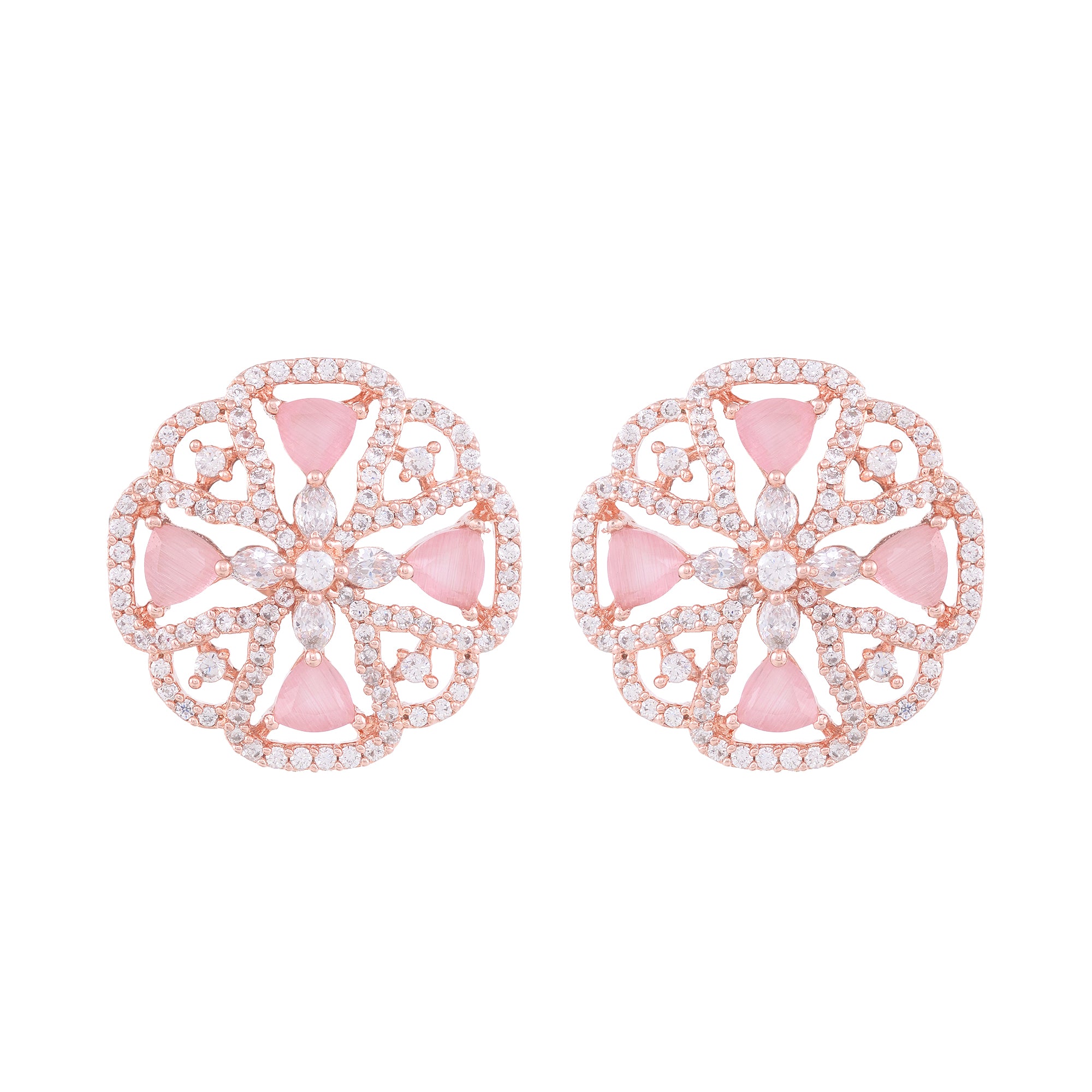 Crown Design Rose Quartz Studs Pastel Pink Tops Ad Encrusted Rose Gold Plated Earrings for Women and Girls - Saraf RS Jewellery