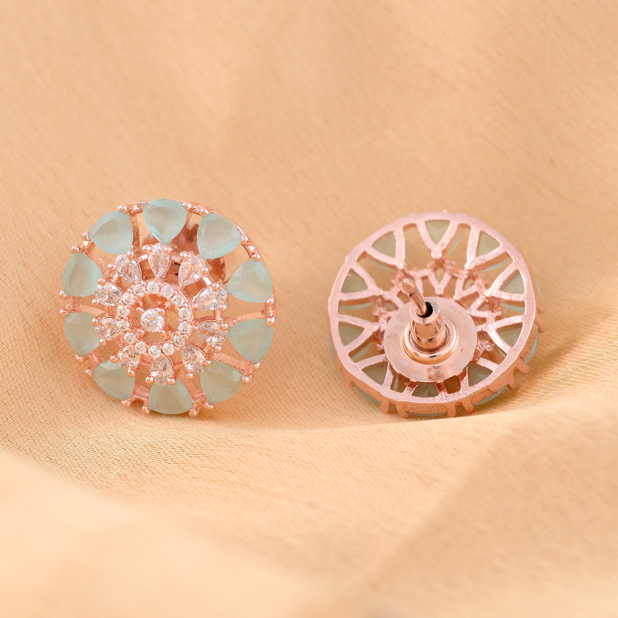 Subtle Light Blue Tops Turquoise Studs Ad Handcrafted Rose Gold Plated Earrings for Women and Girls - Saraf RS Jewellery