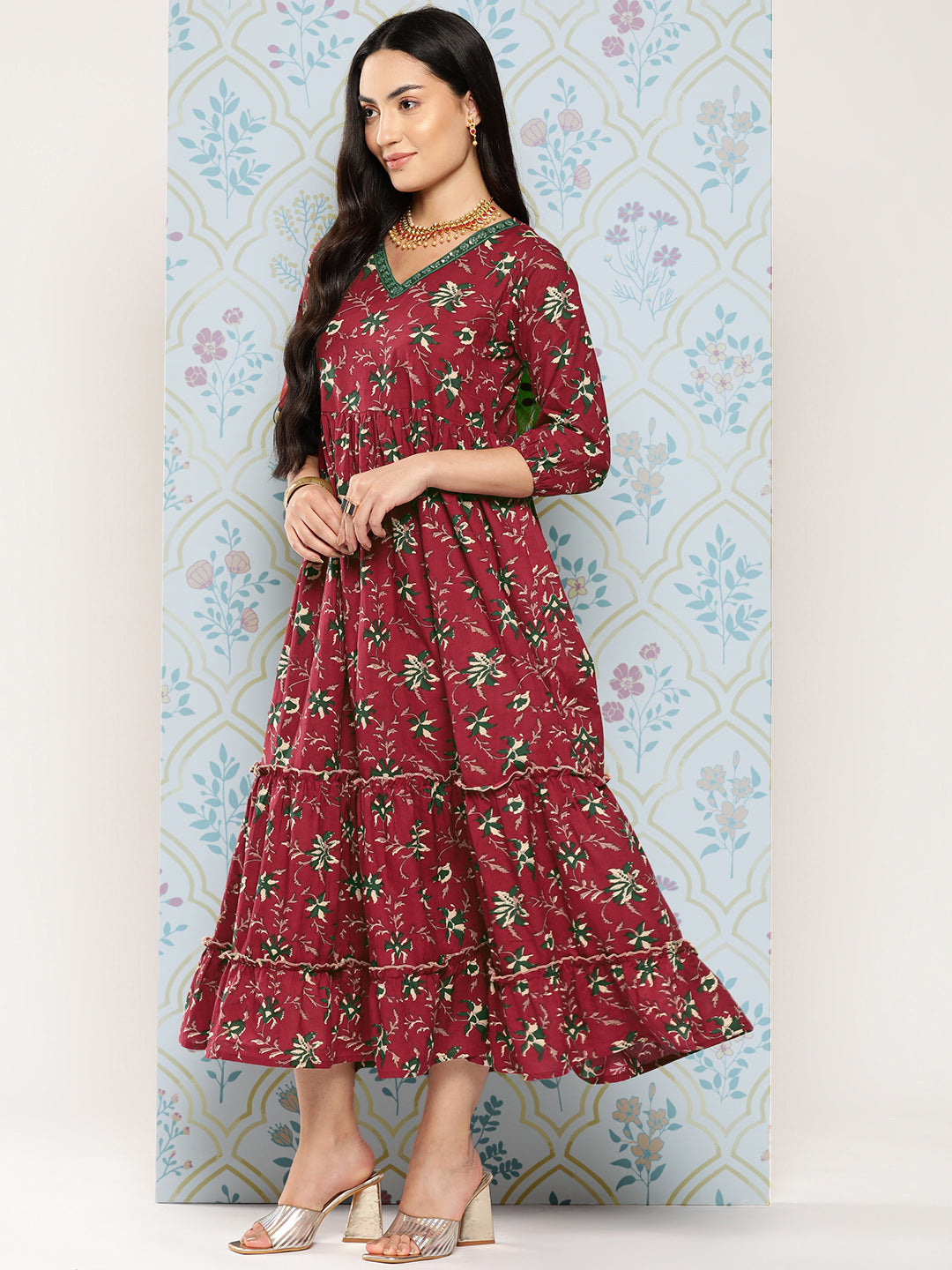 Women's Maroon Floral Fit And Flare Dress - Yufta