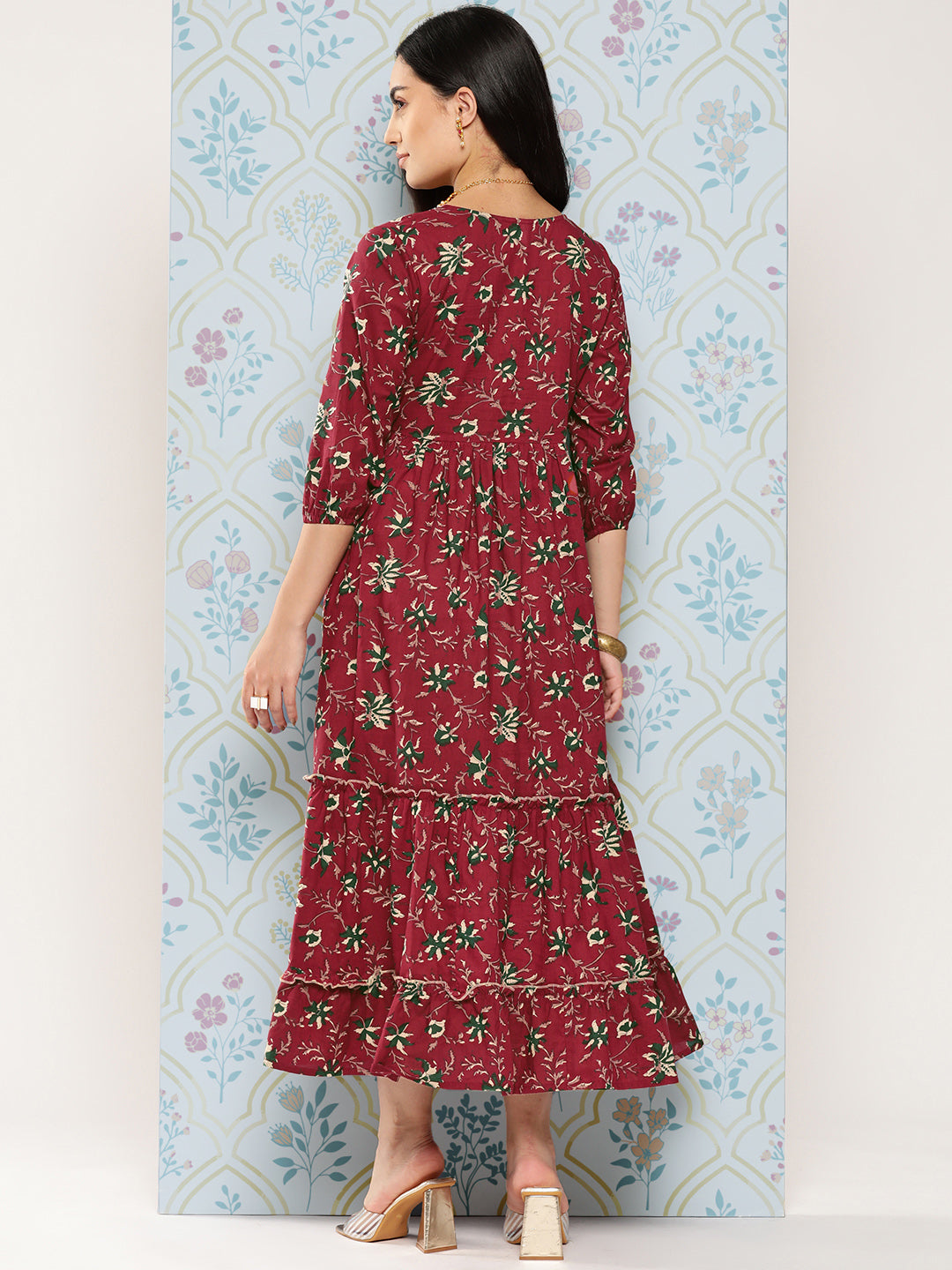 Women's Maroon Floral Fit And Flare Dress - Yufta