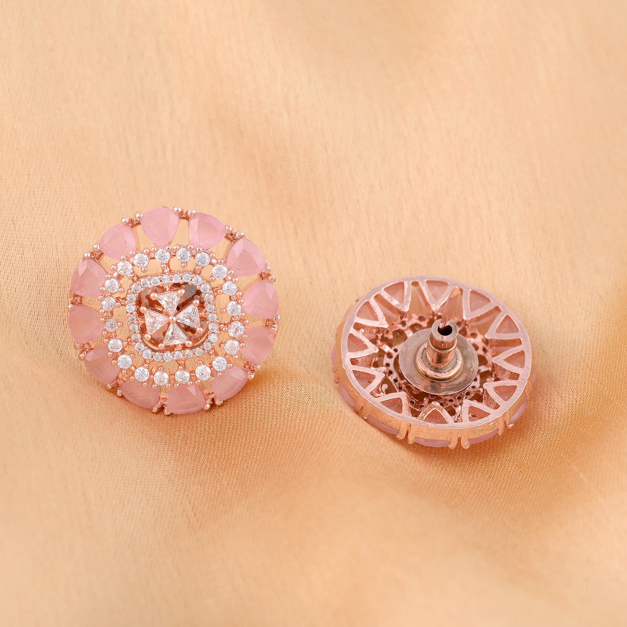 Subtle Light Pink Tops Rose Quatz Studs Ad Handcrafted Rose Gold Plated Earrings for Women and Girls - Saraf RS Jewellery