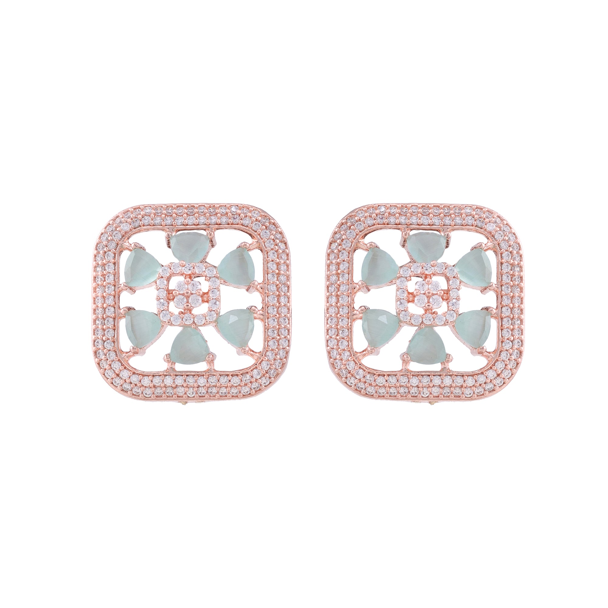 Sqaure Sleek Turquoise Studs Light Blue Ad Studded Rose Gold Plated Small Earrings for Women and Girls - Saraf RS Jewellery