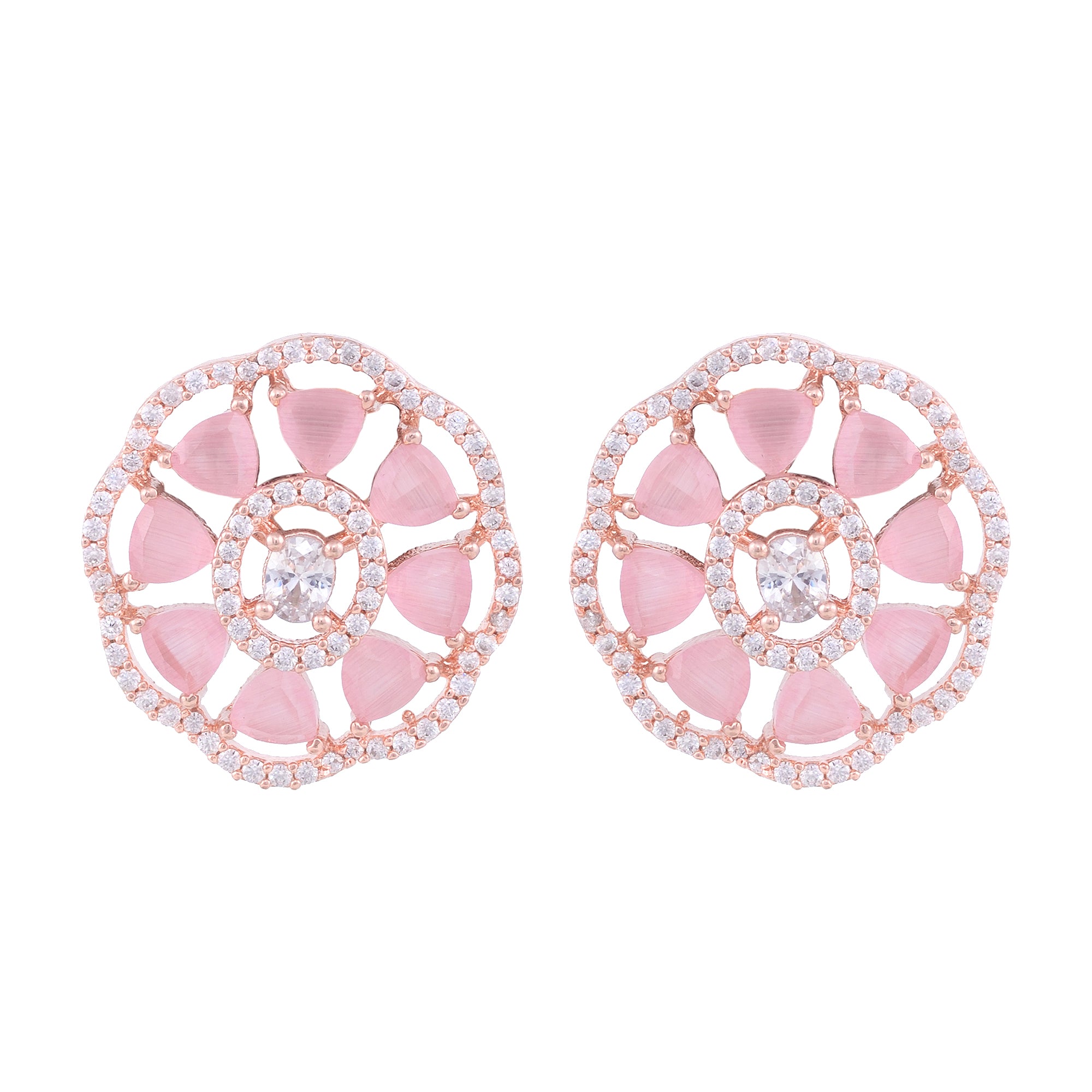 Handcrafted Floral Design Pastel Pink Studs Rose Quartz Small Earrings Rose Gold Plated for Women and Girls - Saraf RS Jewellery