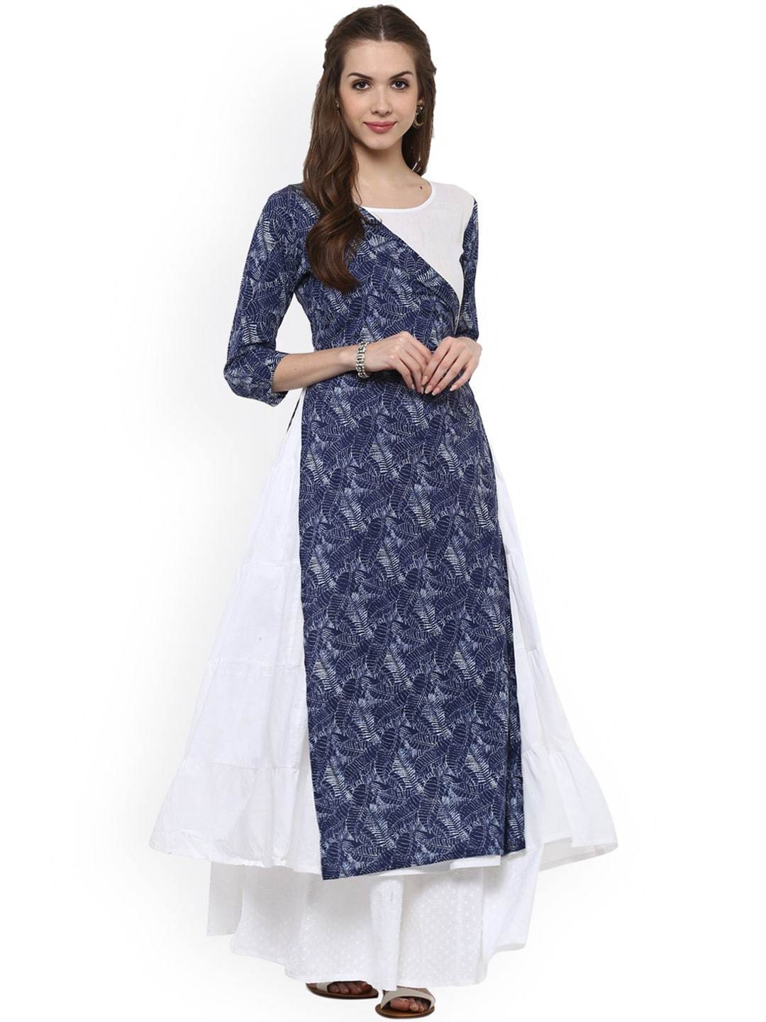Women's  Blue & White Printed Layered Anarkali Kurta - AKS