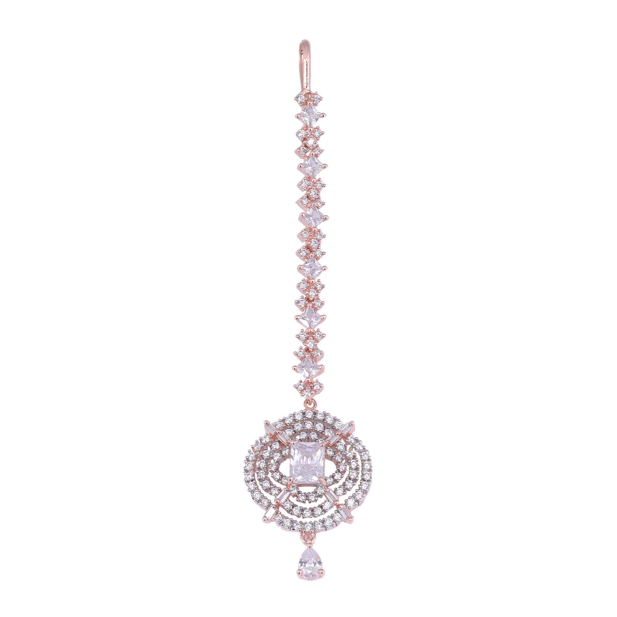 Solitaire Maang Tikka American Diamond studded Rose Gold plated for Women & Girls - Saraf RS Jewellery