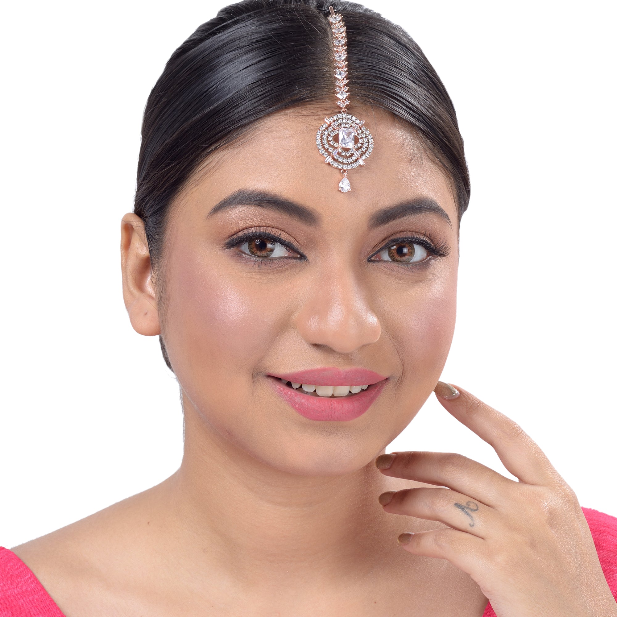 Solitaire Maang Tikka American Diamond studded Rose Gold plated for Women & Girls - Saraf RS Jewellery
