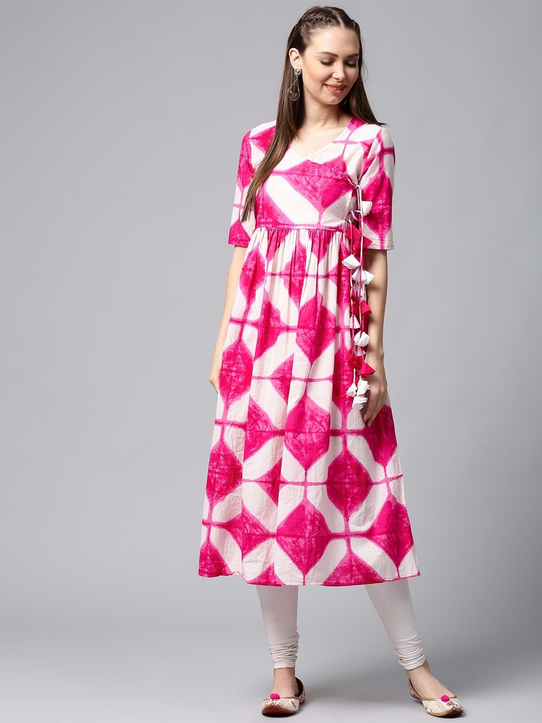 Women's  White & Pink Printed Anarkali Kurta - AKS