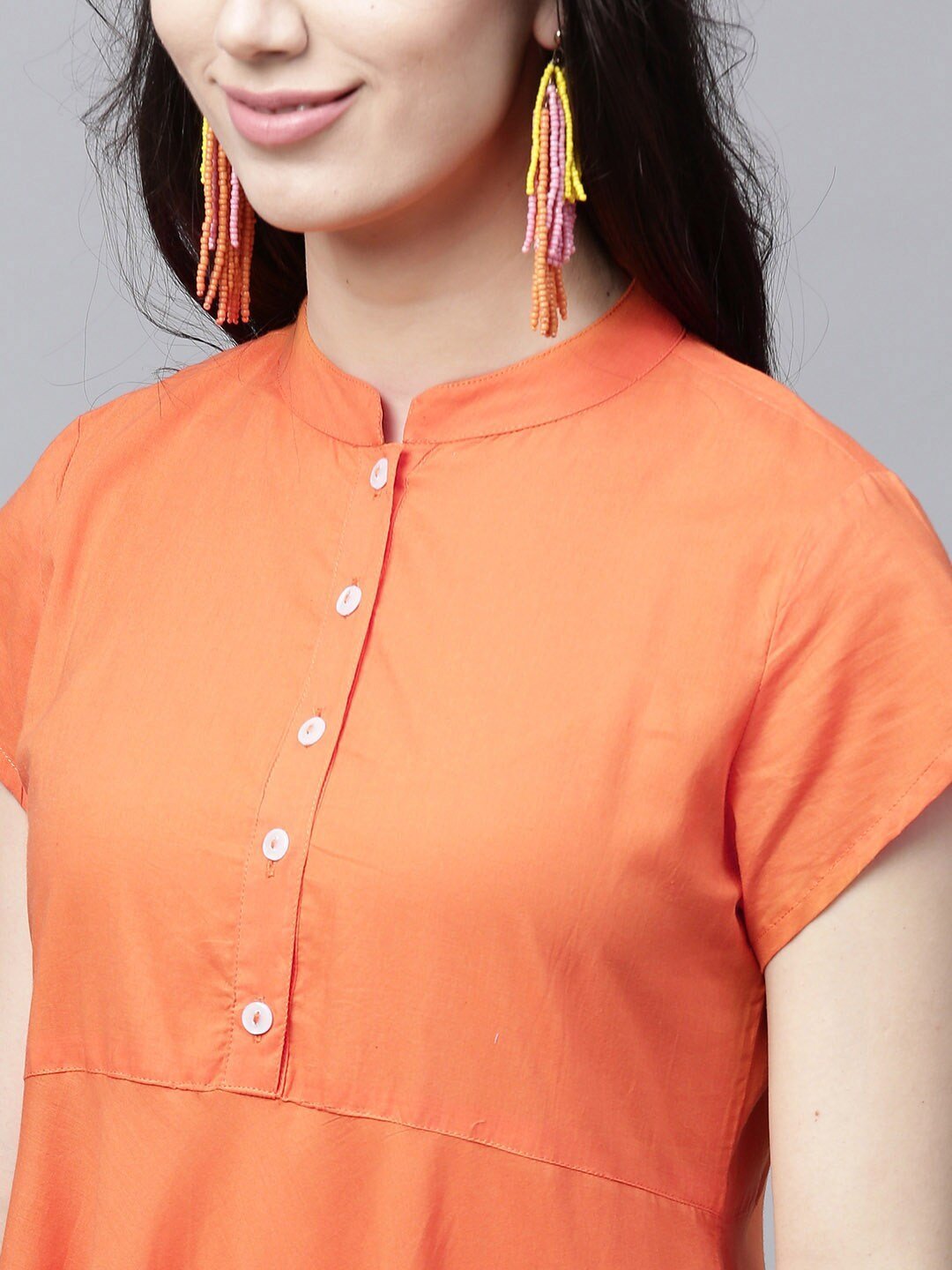 Women's  Orange Printed Detail Maxi Dress - AKS