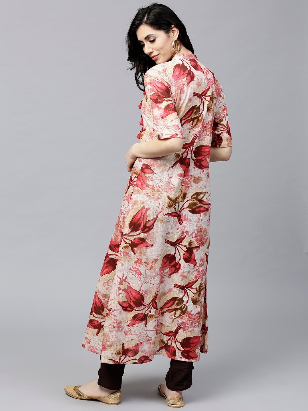 Women's  Red & Beige Floral Print A-Line Kurta - AKS