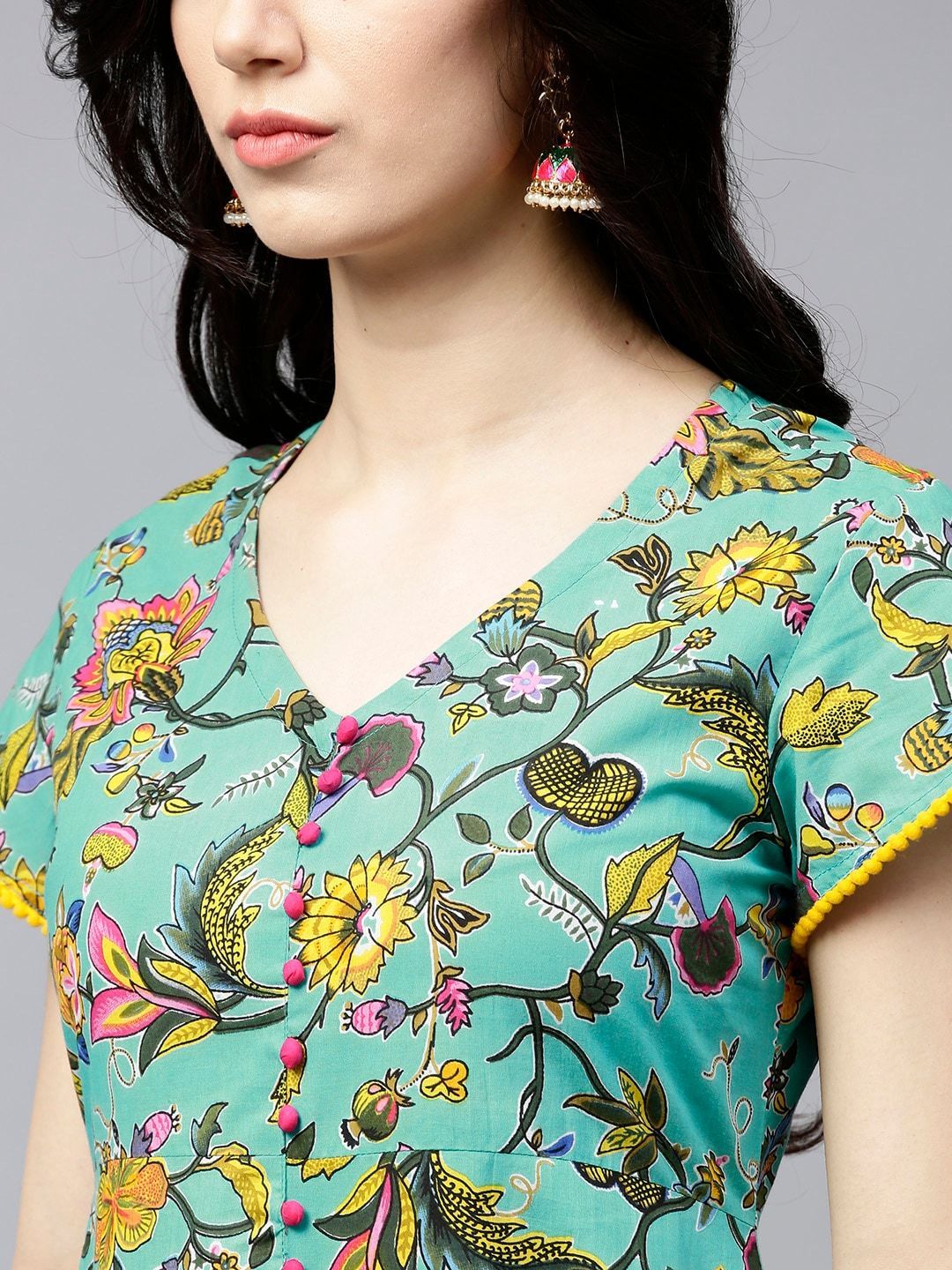 Women's  Green & Yellow Floral Print Anarkali Kurta - AKS