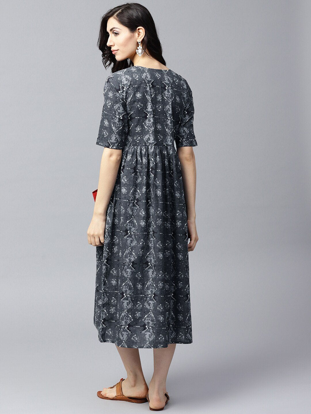 Women's  Grey Printed Fit and Flare Dress - AKS