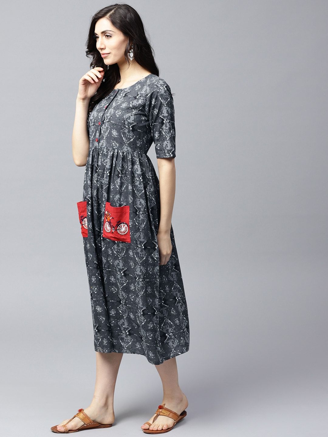Women's  Grey Printed Fit and Flare Dress - AKS