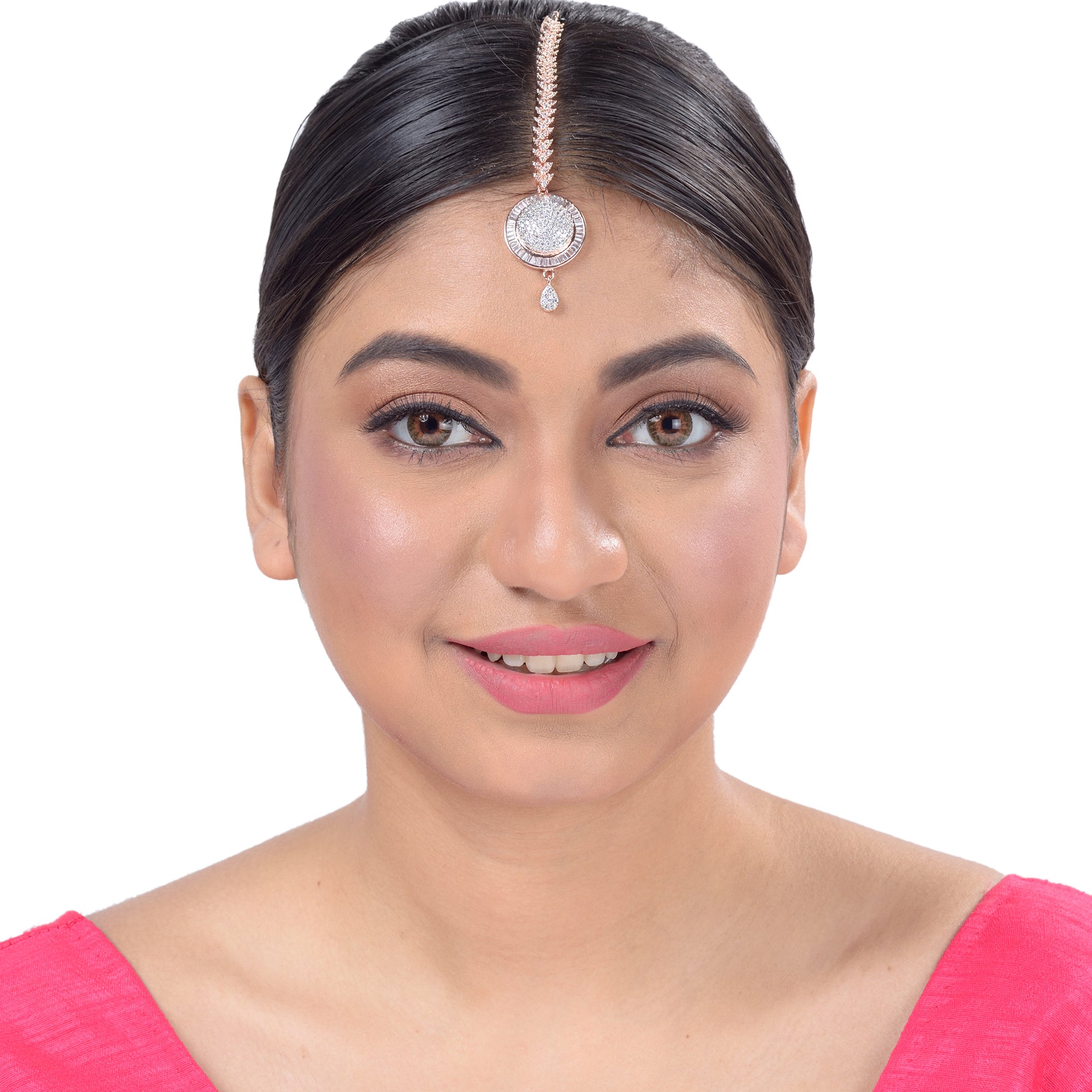 Unique Diamond clustered Maang Tikka round shaped Rose Gold plated AD studded for Women & Girls - Saraf RS Jewellery