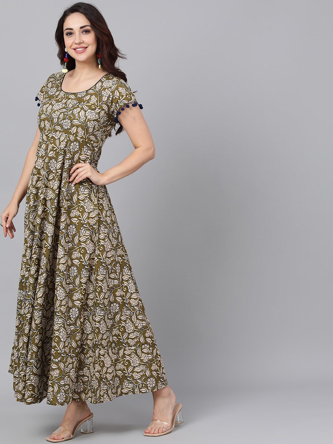 Women's  Olive Green & Beige Printed Maxi Dress - AKS